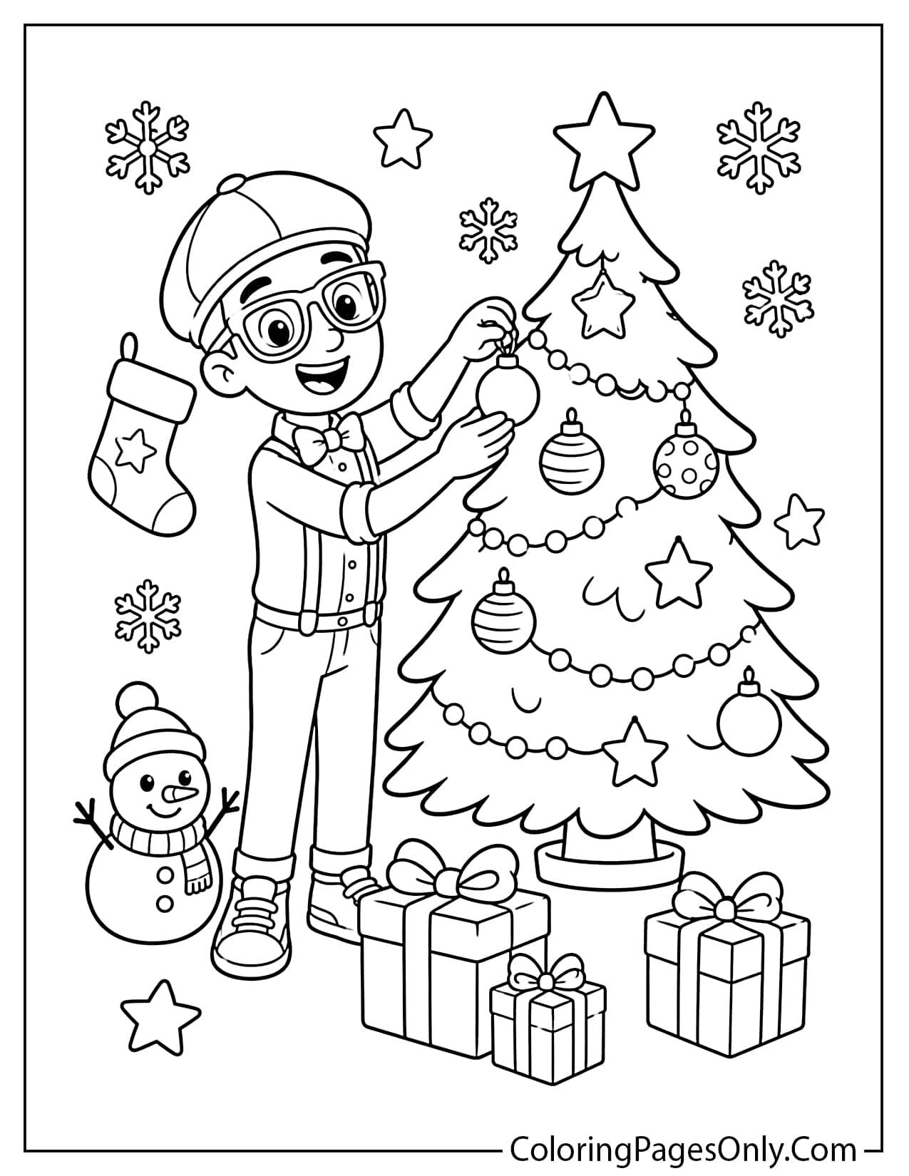 Blippi decorating a Christmas tree with gifts, stars, and holiday ornaments to color from Blippi