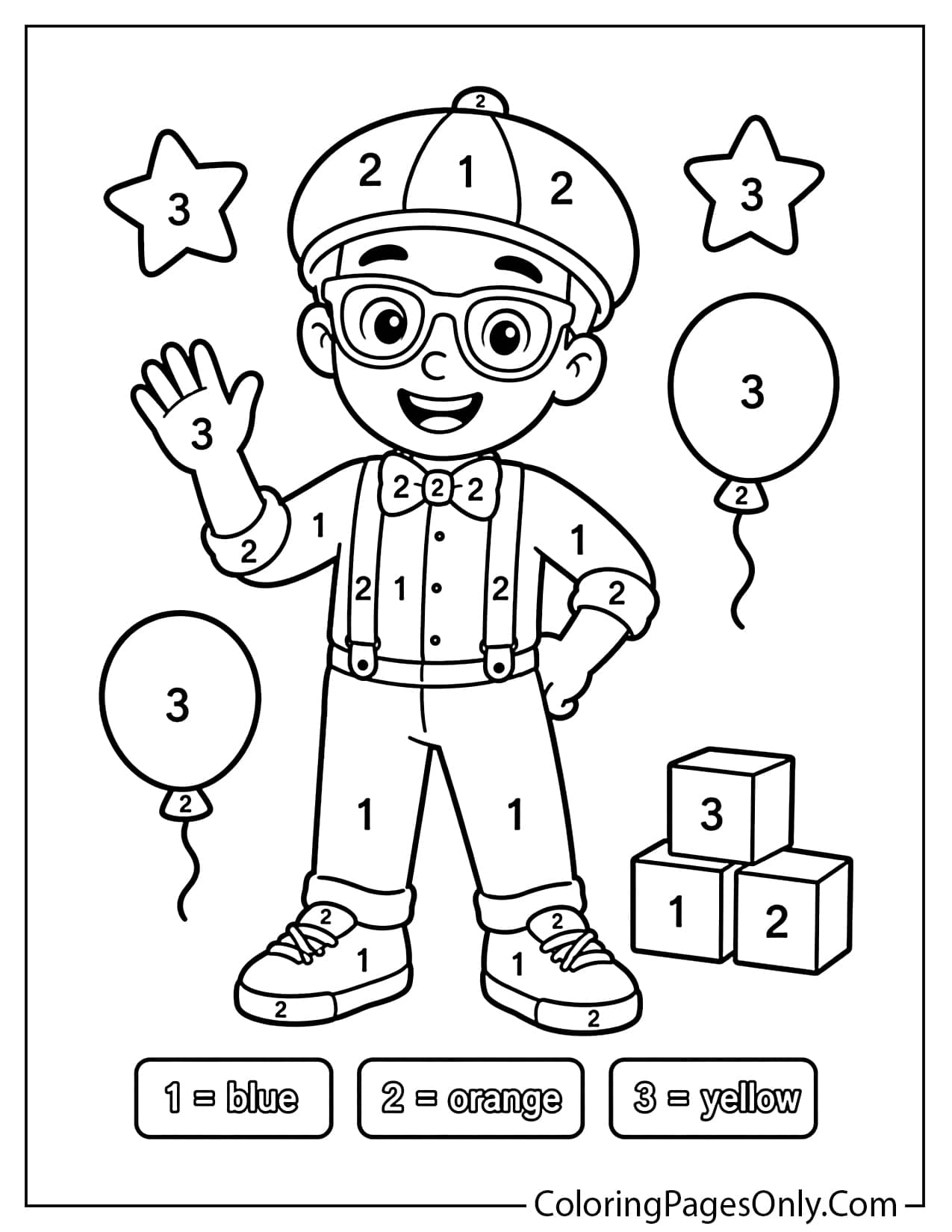 Blippi color by number activity page with numbered sections for preschool kids from Blippi