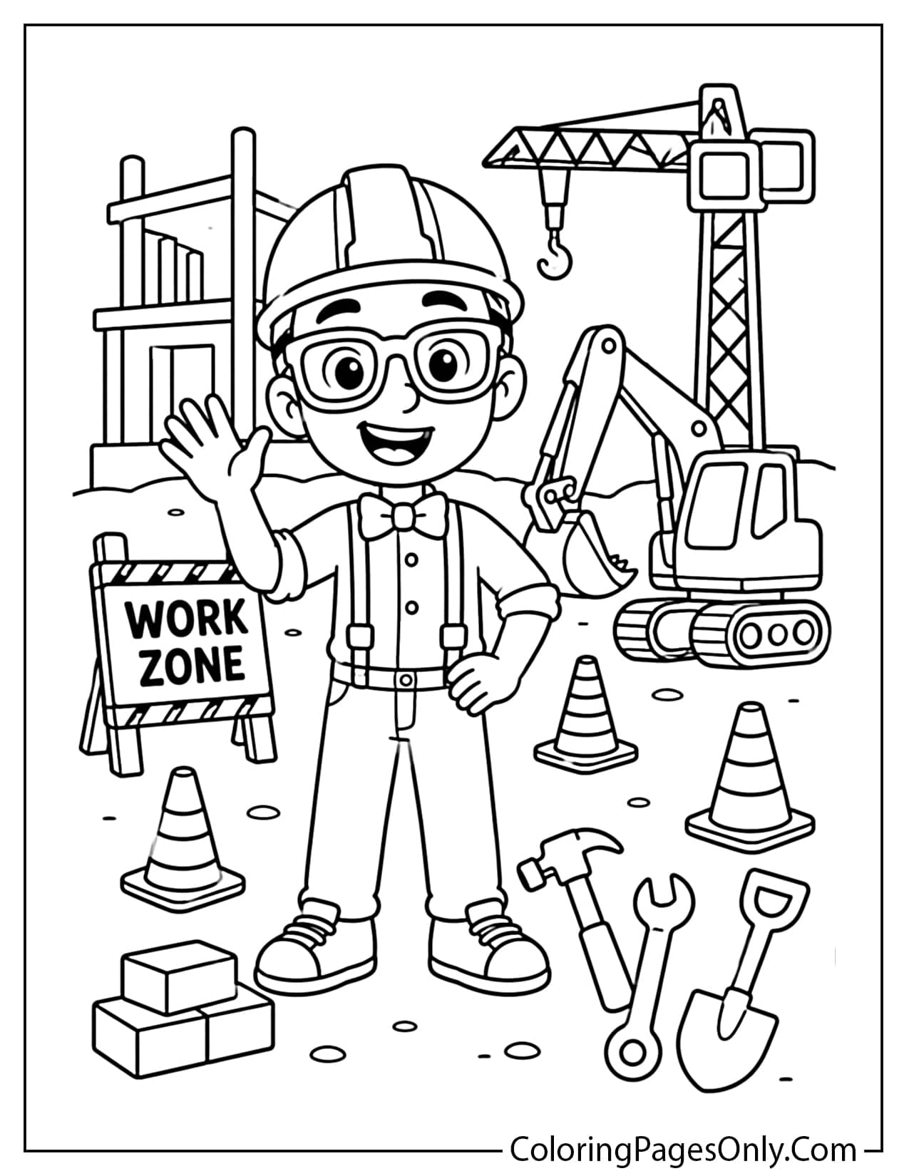 Blippi at a construction site with cones, tools, and building machines to color from Blippi