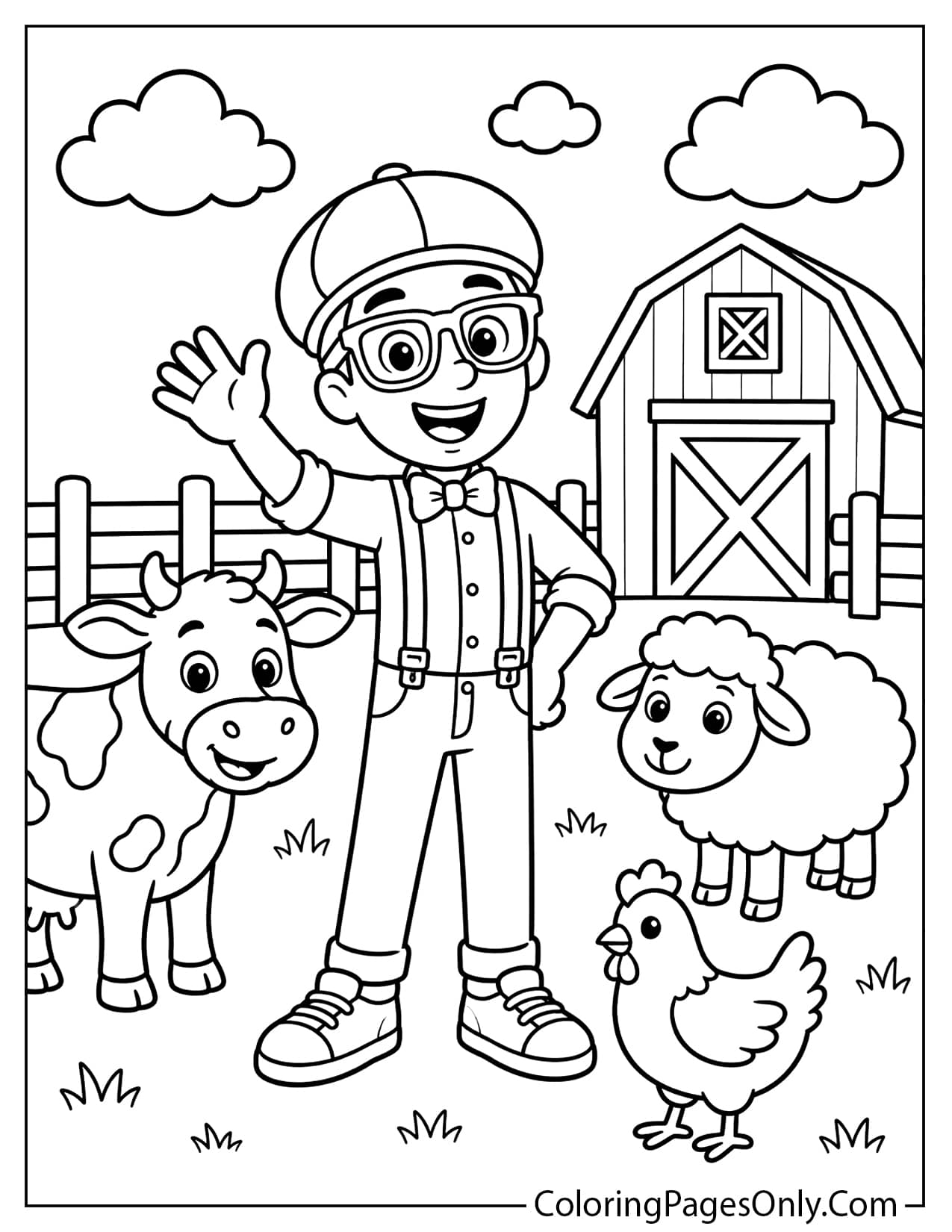 Blippi on a farm with a cow, sheep, chicken, and barn in a printable coloring page from Blippi