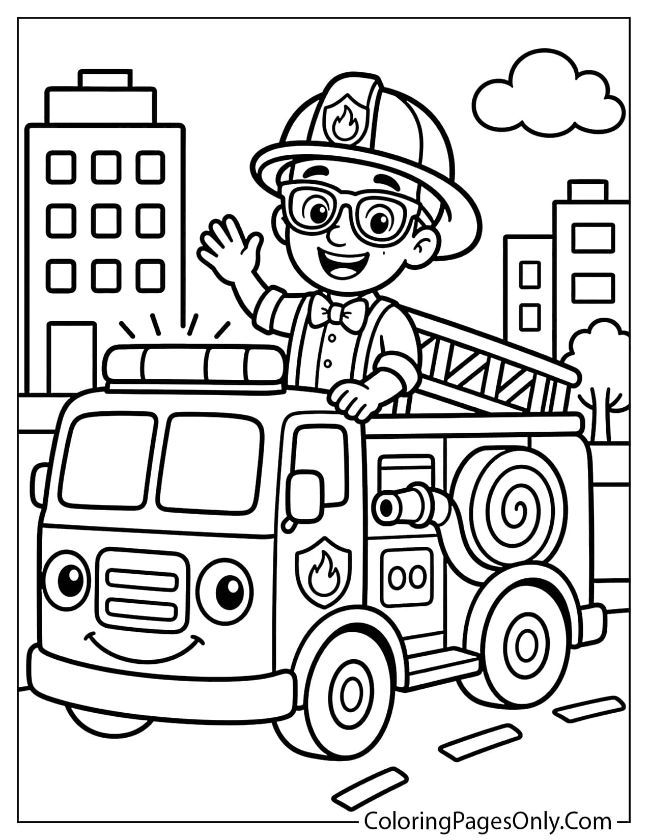 Blippi riding a fire truck with a hose and ladder in a kid-friendly coloring page from Blippi
