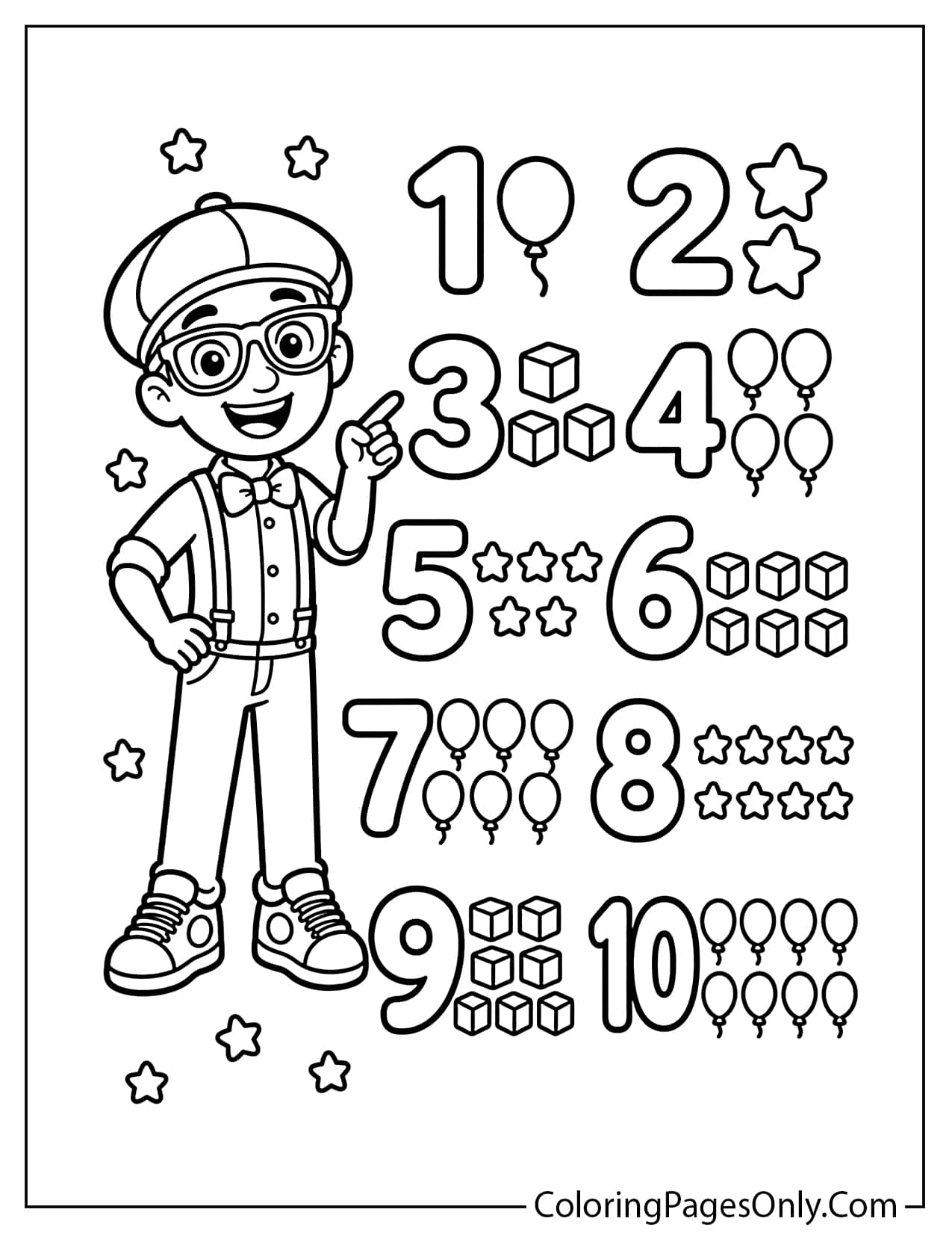 Blippi counting numbers from 1 to 10 with toys and balloons on a printable coloring page from Blippi