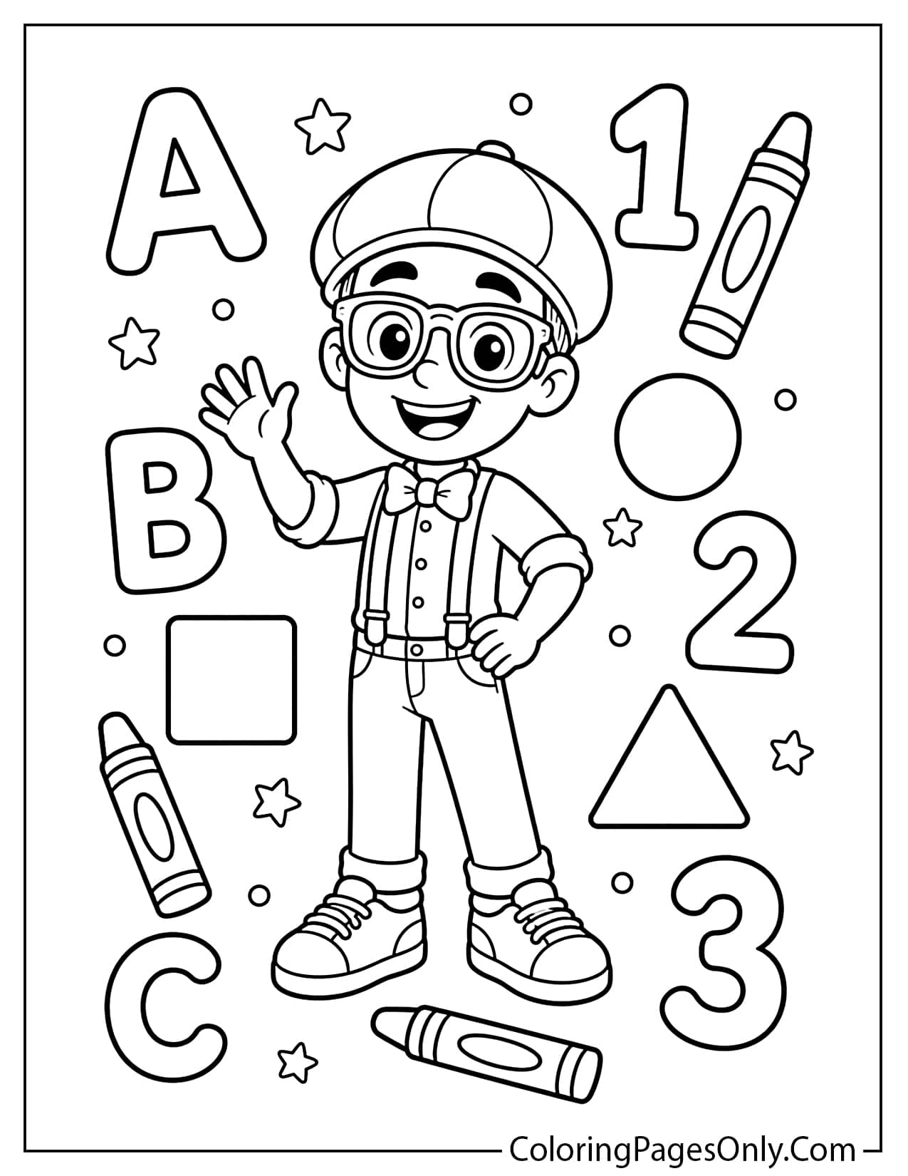 Blippi preschool activity coloring page with simple shapes, letters, numbers, and crayons from Blippi