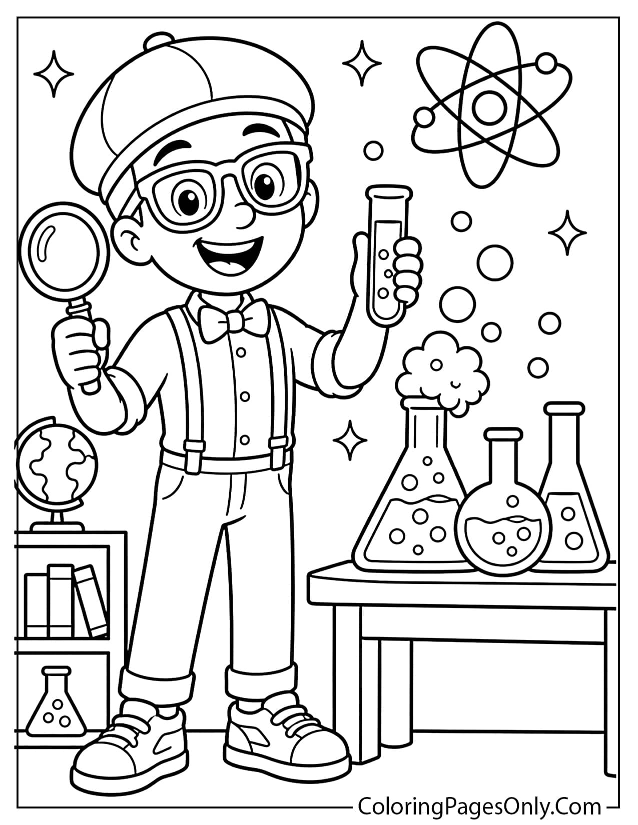 Blippi doing a simple science experiment with beakers, bubbles, and a magnifying glass from Blippi