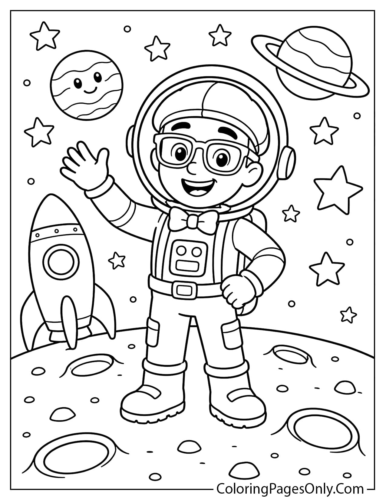 Blippi astronaut floating in space with a rocket, moon, stars, and planets to color from Blippi
