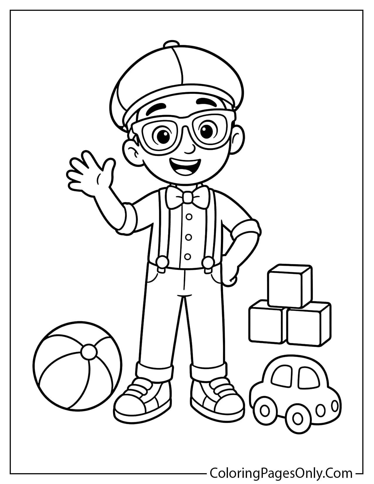 Easy Blippi coloring page for toddlers with big shapes, simple outlines, and playful toys from Blippi