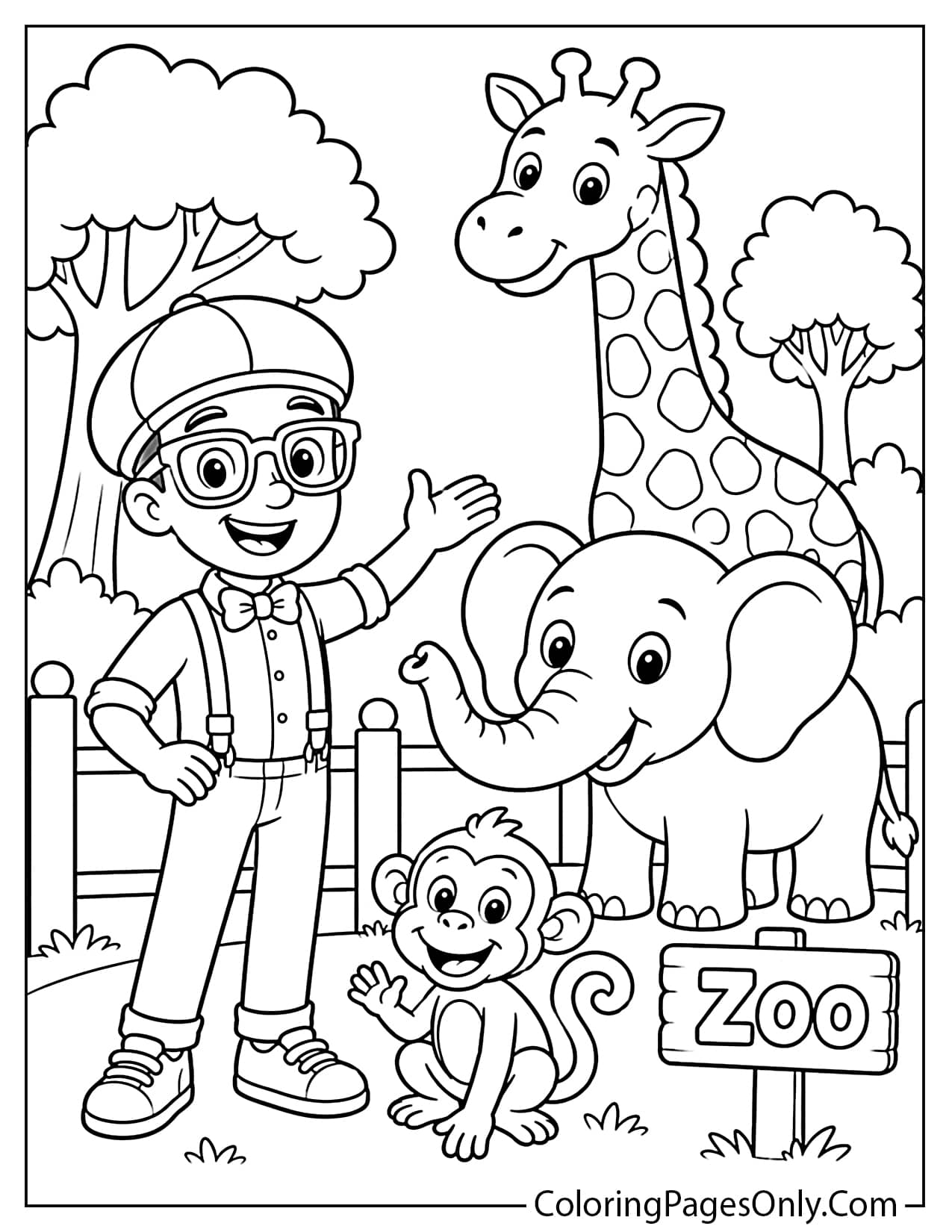Blippi visiting zoo animals including a giraffe, elephant, and monkey on a coloring page from Blippi