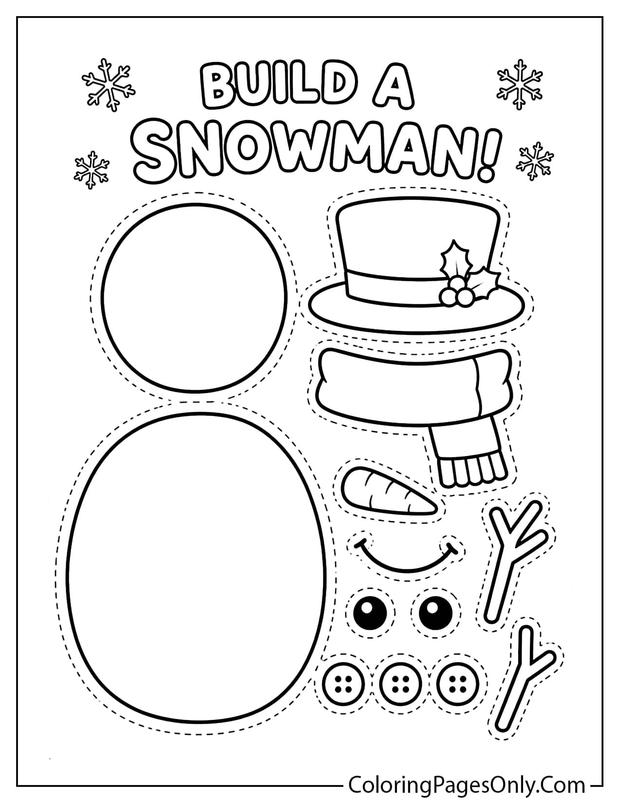 Build A Snowman Coloring Page With Cutout Snowman Parts from Snowman