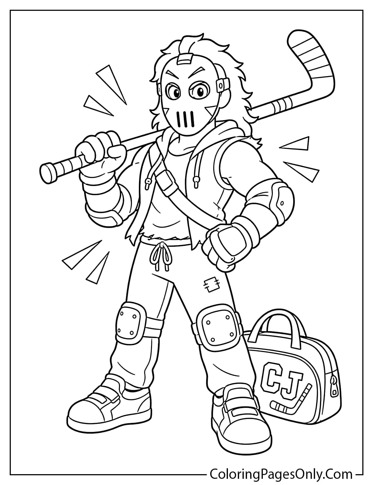 Casey Jones coloring page with a hockey mask, sports gear, and a heroic action pose from Ninja Turtles