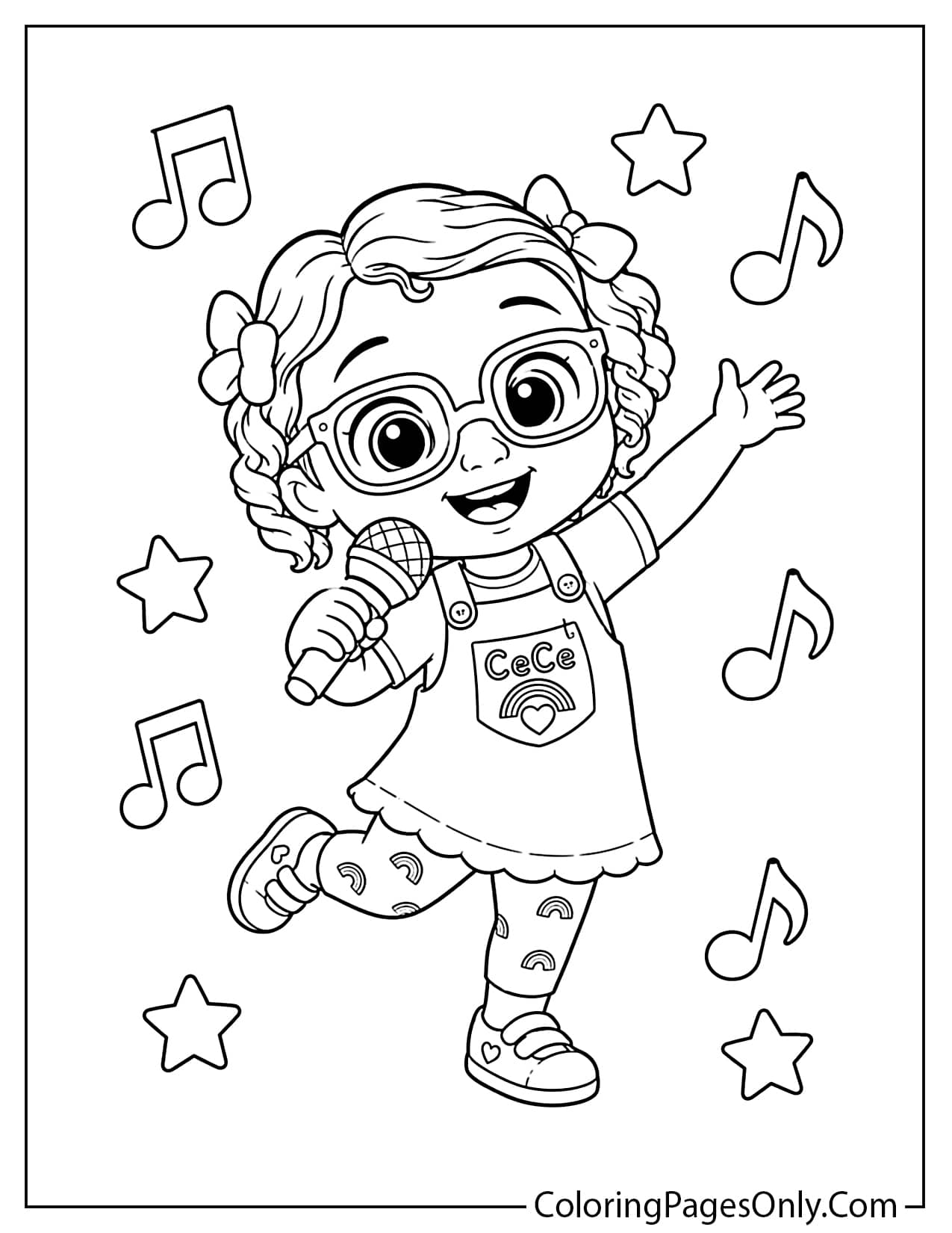 CeCe Cocomelon coloring page with music notes, dancing pose, and easy outlines for kids from Cocomelon