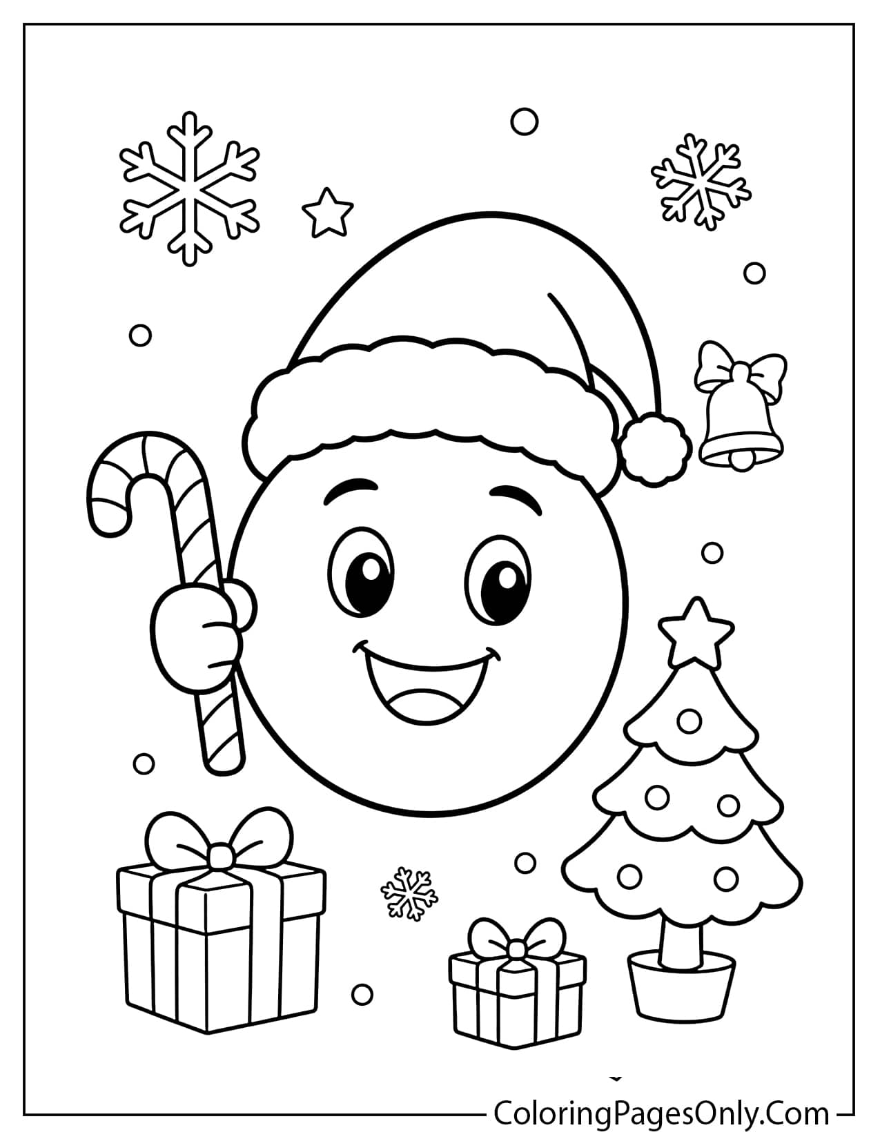 Christmas emoji coloring page with Santa hat and holiday decorations from Emoji