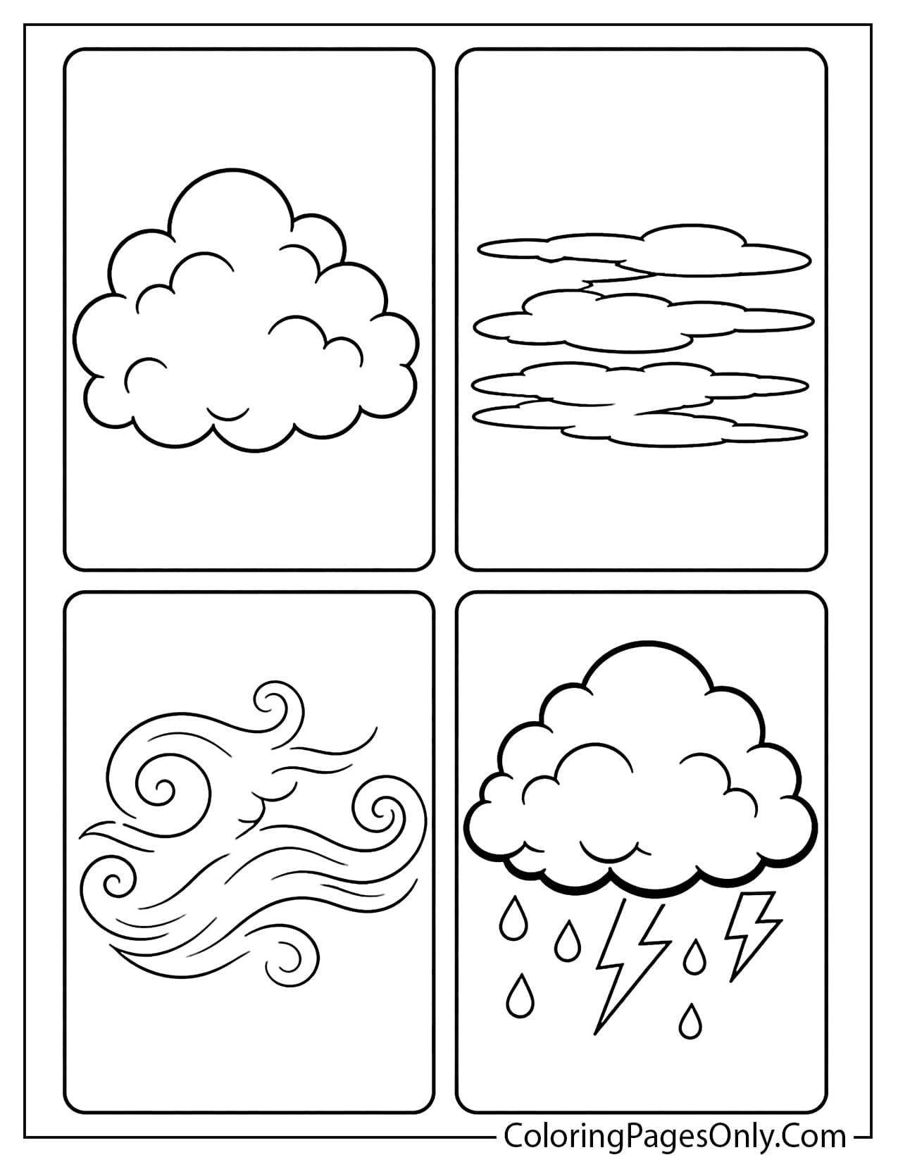 Cloud Types Coloring Page With Different Simple Cloud Shapes from Weather