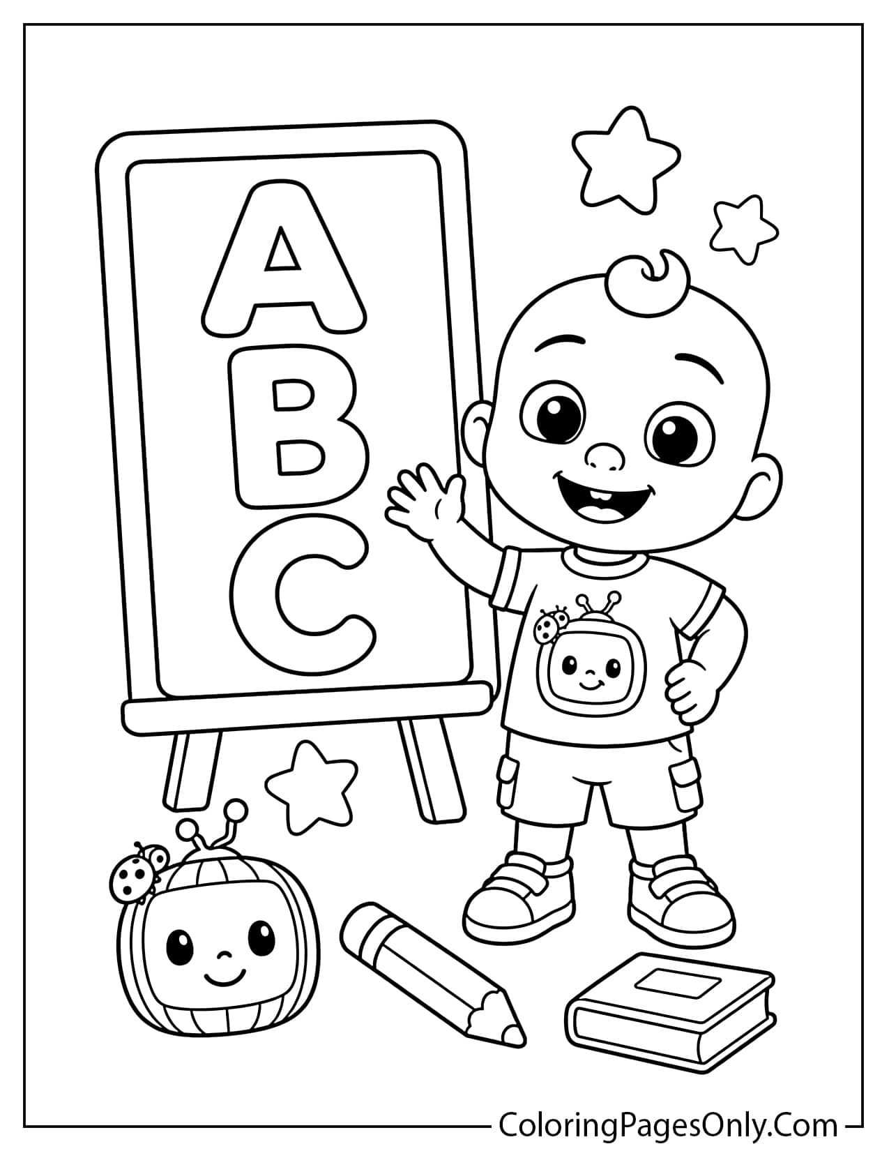 Cocomelon alphabet coloring page with JJ learning ABC letters from Cocomelon