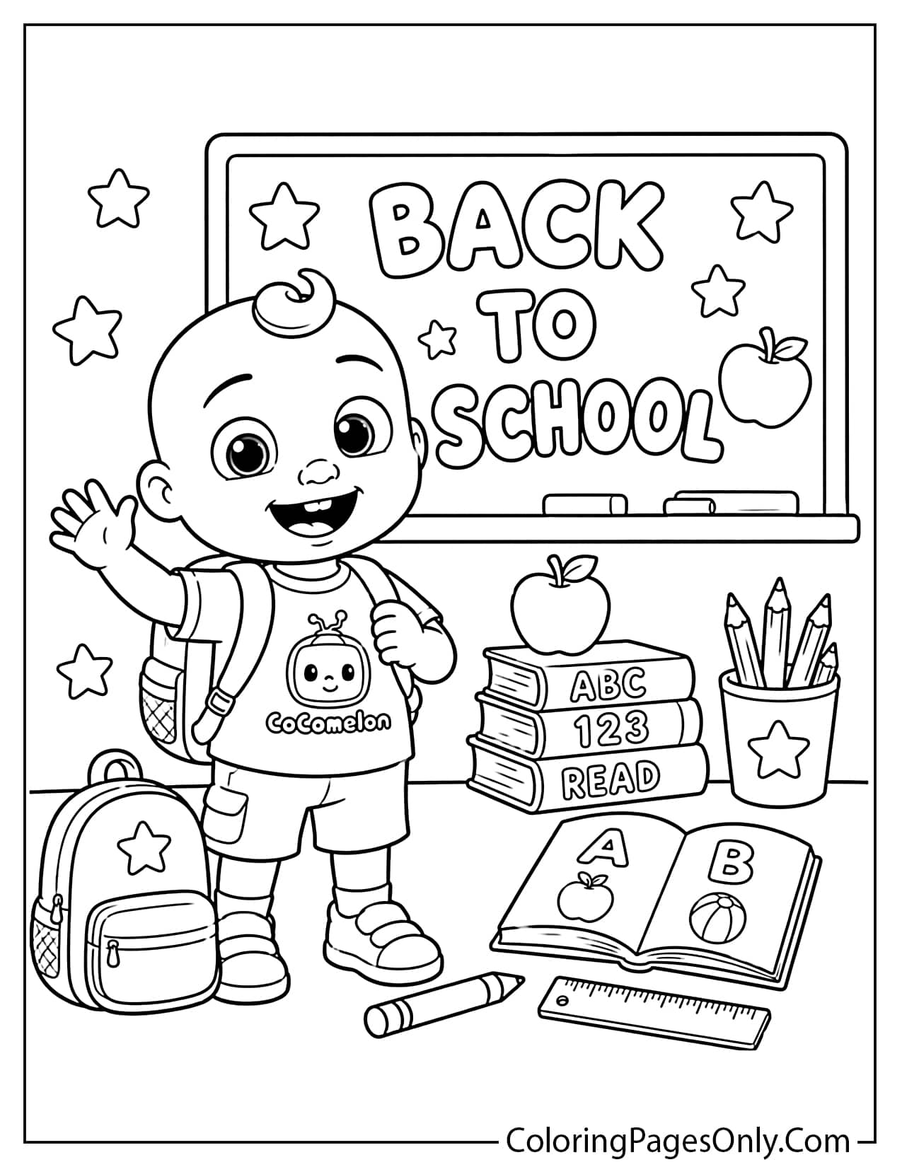 Cocomelon back to school coloring page with JJ, backpack, books, and classroom items from Cocomelon