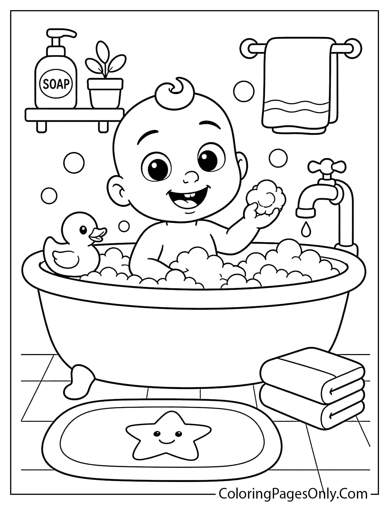 Cocomelon bath time coloring page with JJ, bubbles, and a rubber duck from Cocomelon