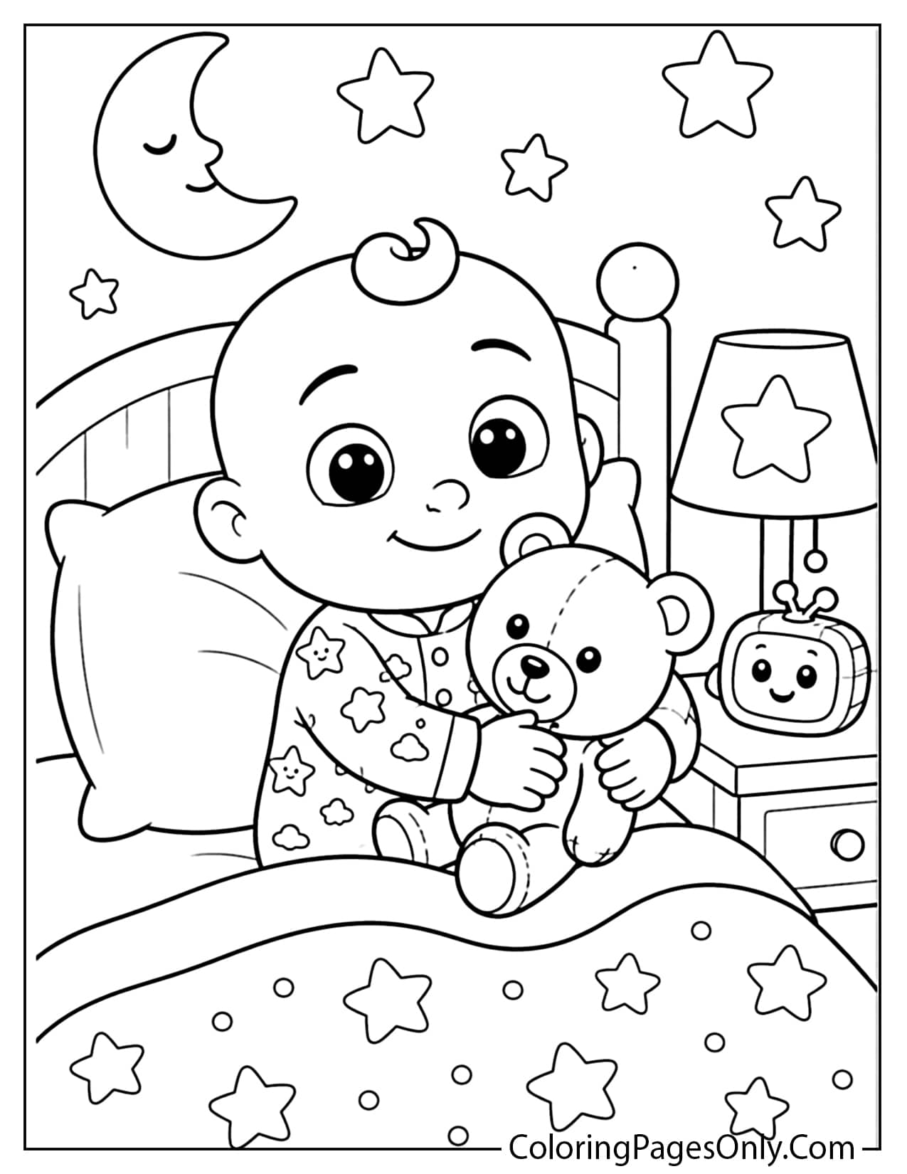 Cocomelon bedtime coloring page with JJ, teddy bear, moon, stars, pillow, and blanket from Cocomelon