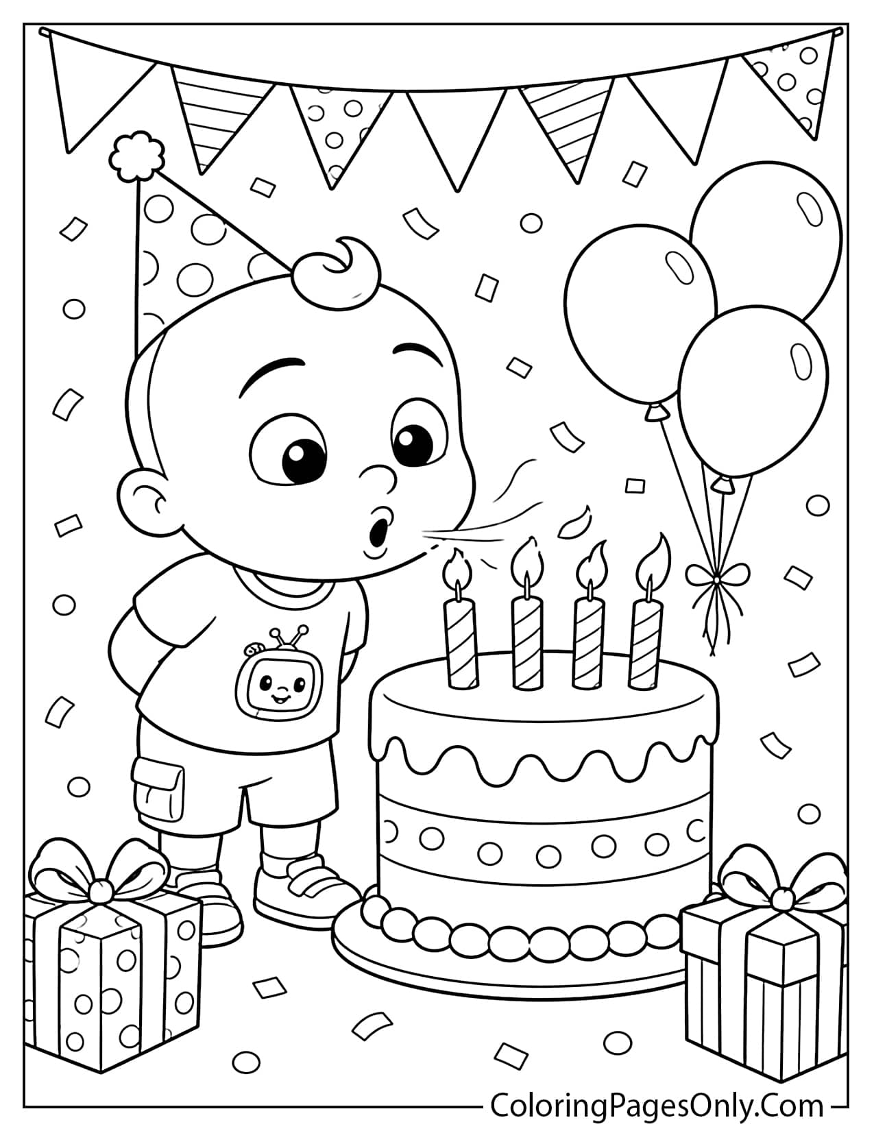 Cocomelon birthday coloring page with JJ, birthday cake, balloons, gifts, and party decorations from Cocomelon