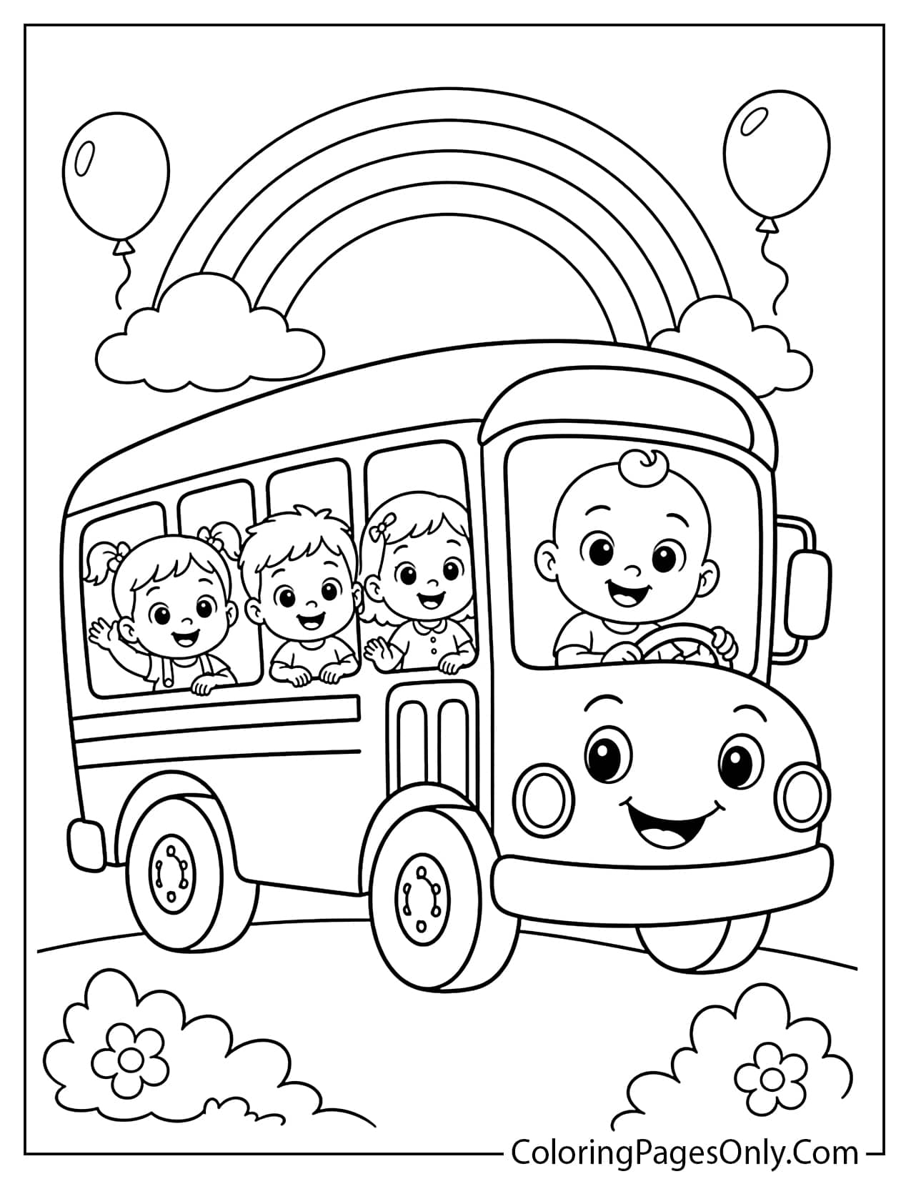 Cocomelon bus coloring page with JJ and friends riding a cheerful school bus from Cocomelon