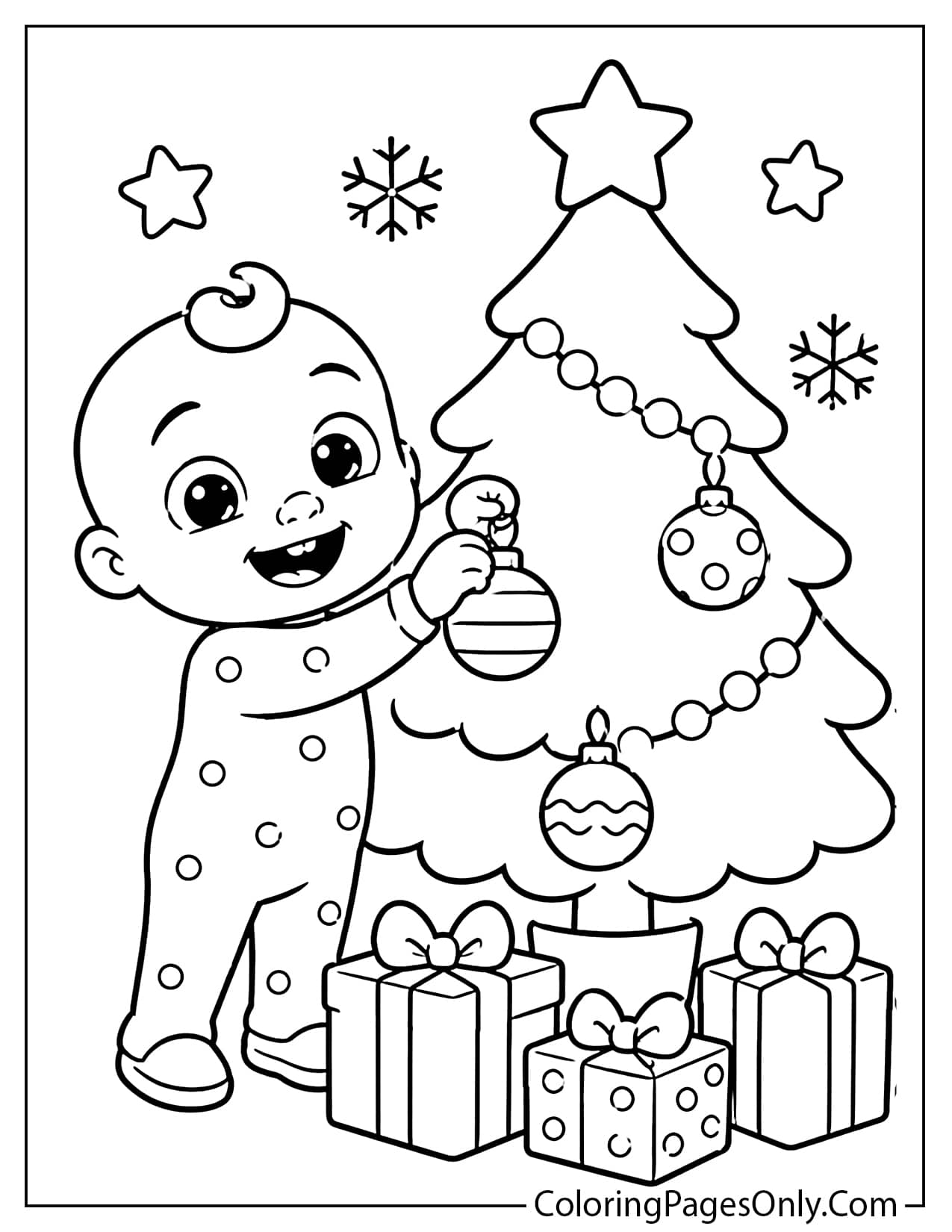 Cocomelon Christmas coloring page with JJ decorating a Christmas tree, gifts, stars, and ornaments from Cocomelon