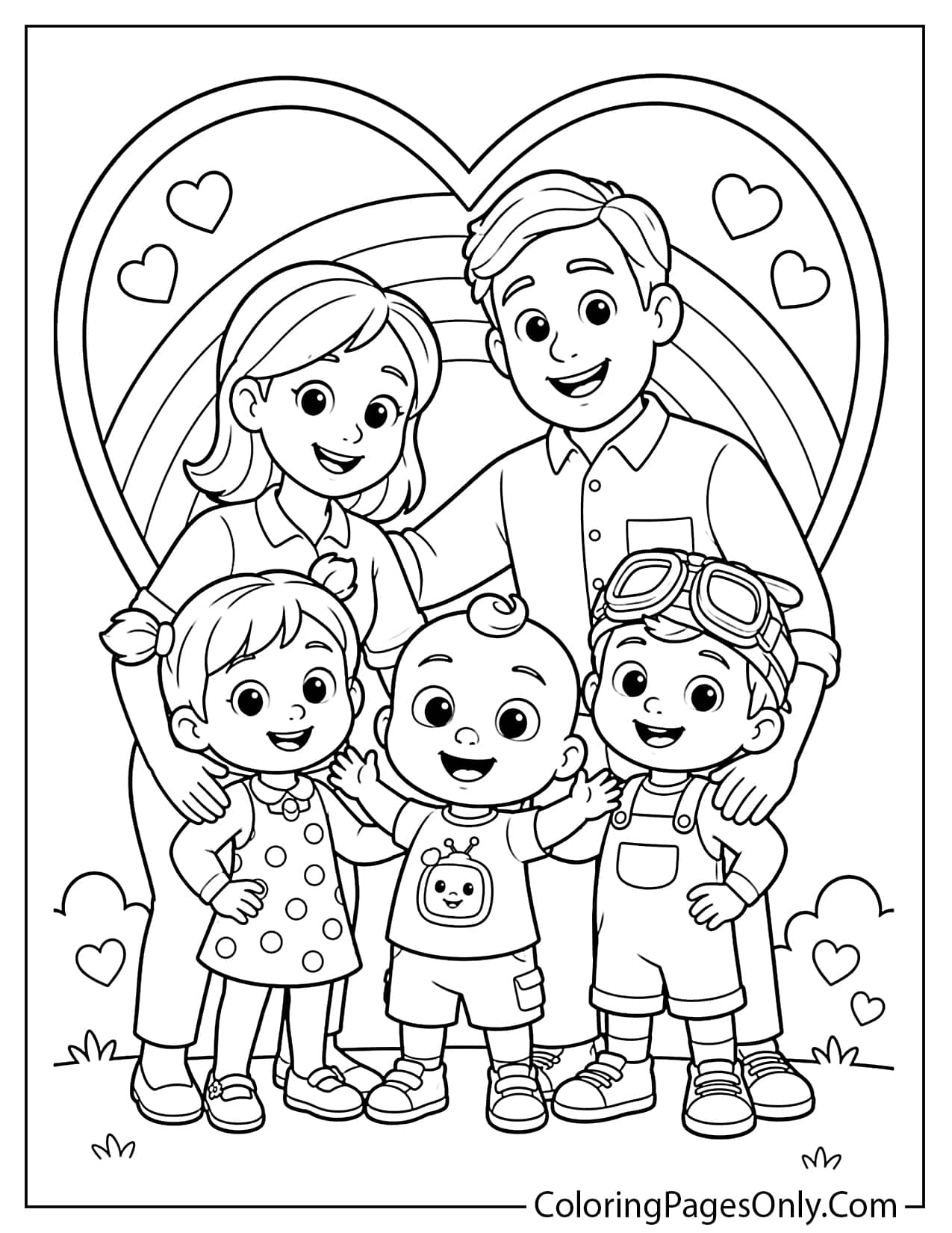 Cocomelon family coloring page featuring JJ with Mom, Dad, YoYo, and TomTom from Cocomelon