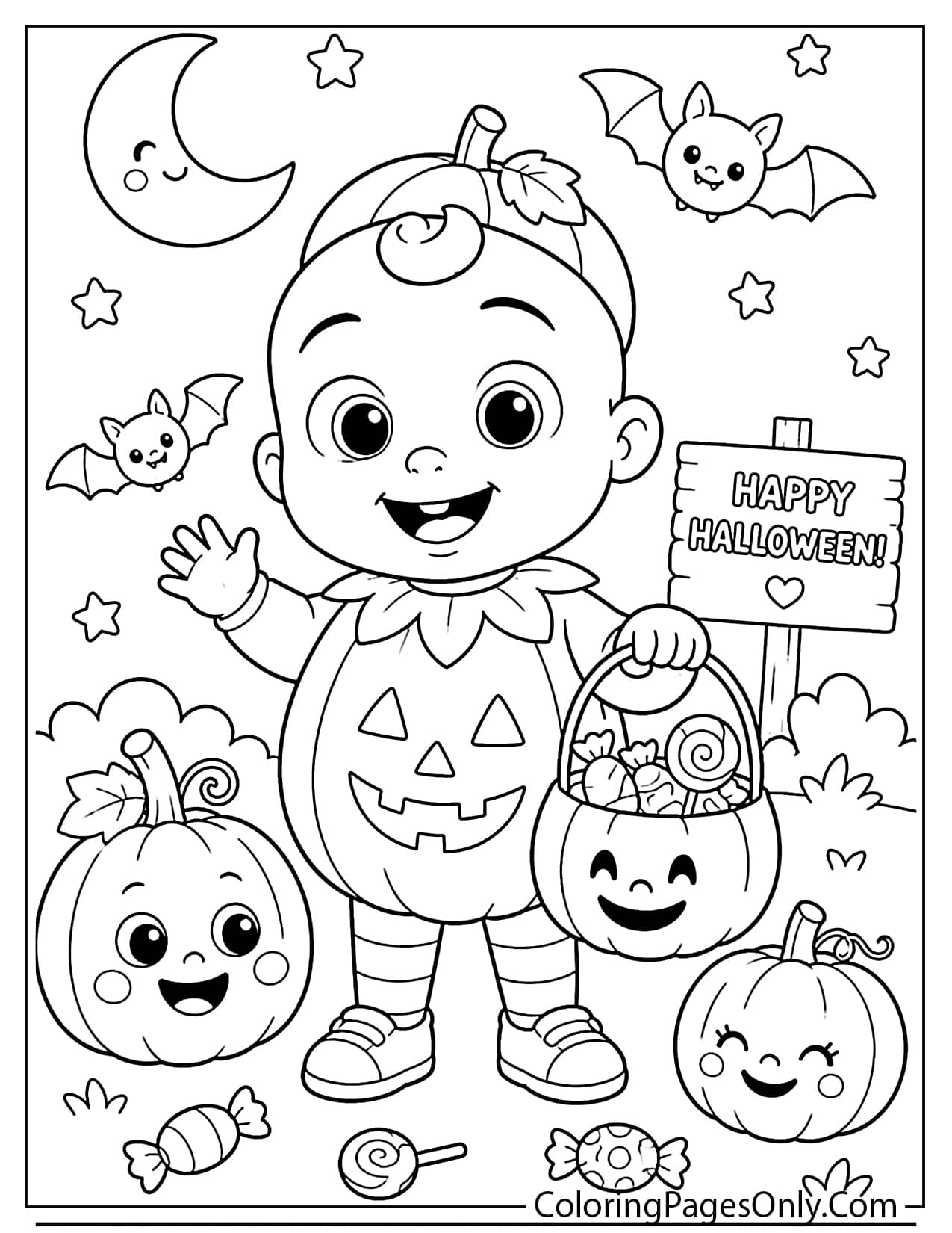 Cocomelon Halloween coloring page with JJ in a cute costume, pumpkins, bats, candy, and friendly spooky details from Cocomelon