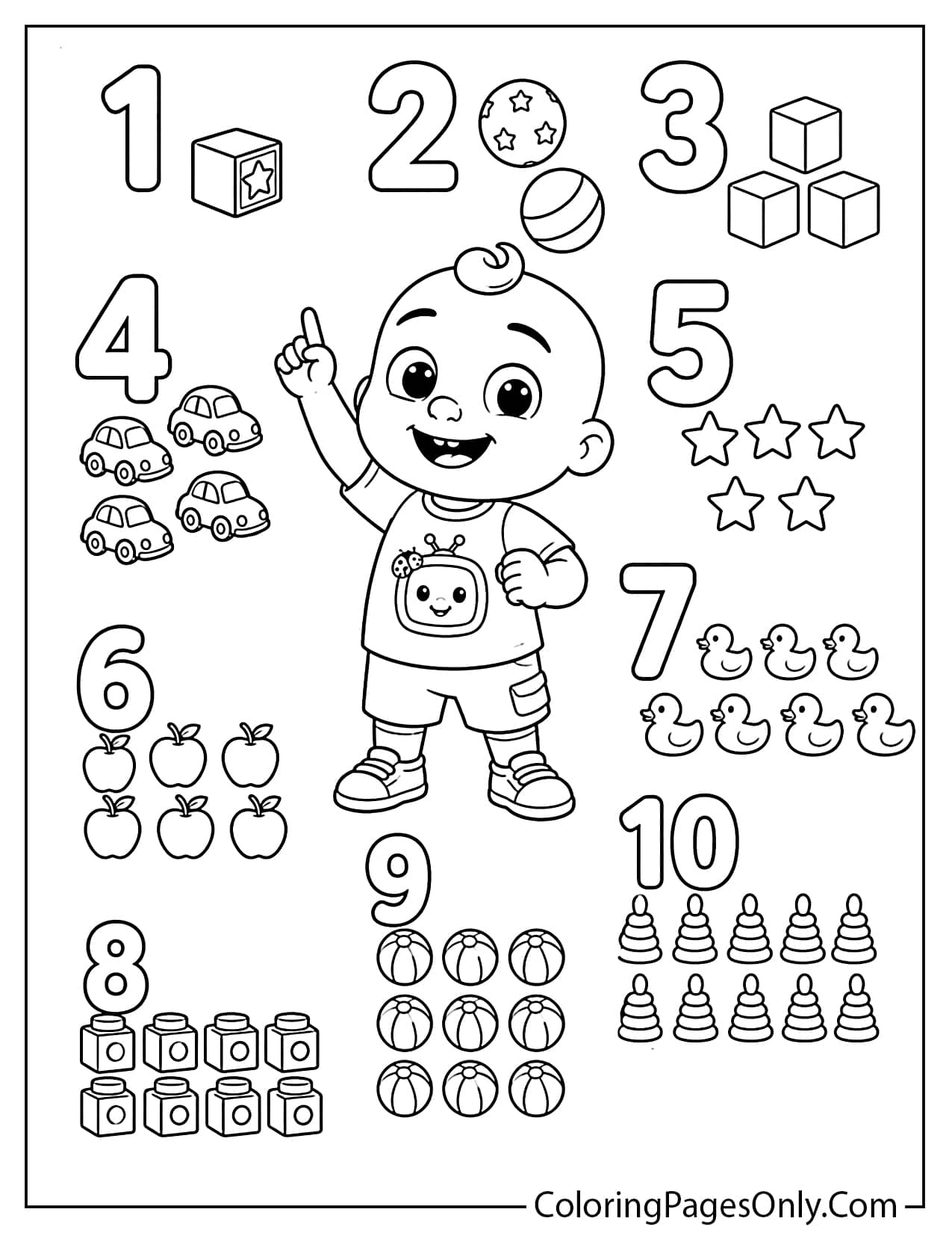 Cocomelon numbers coloring page with JJ counting numbers from 1 to 10 using toys and blocks from Cocomelon