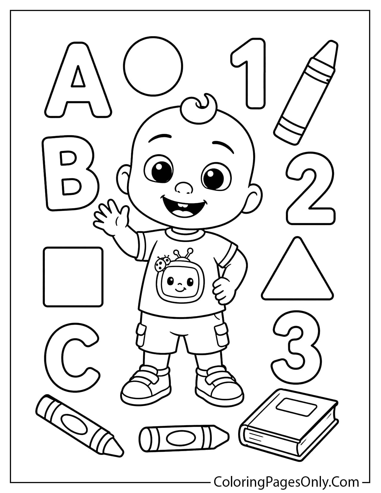 Cocomelon preschool activity coloring page with JJ, letters, numbers, shapes, and crayons from Cocomelon