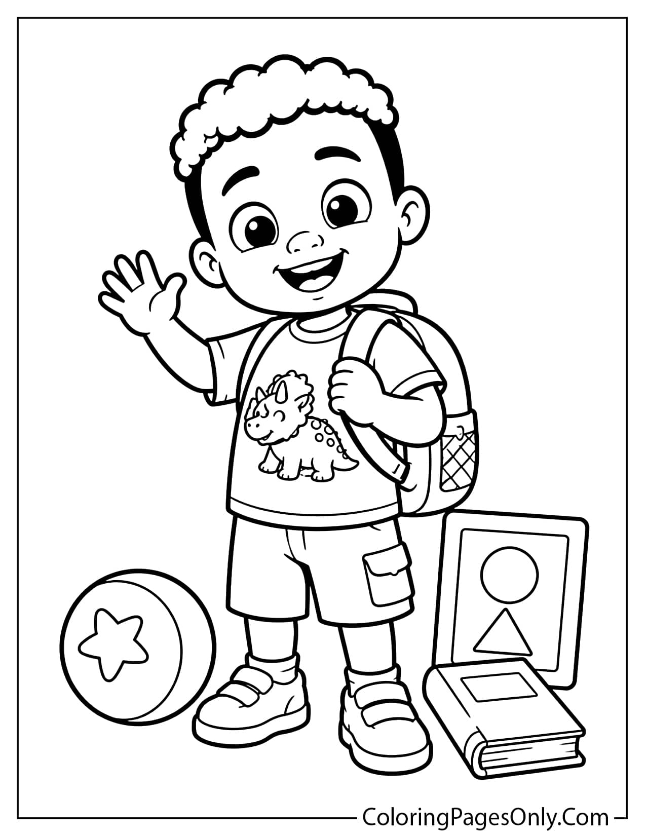 Cody Cocomelon coloring page for kids with a friendly smile, backpack, and playful toys from Cocomelon