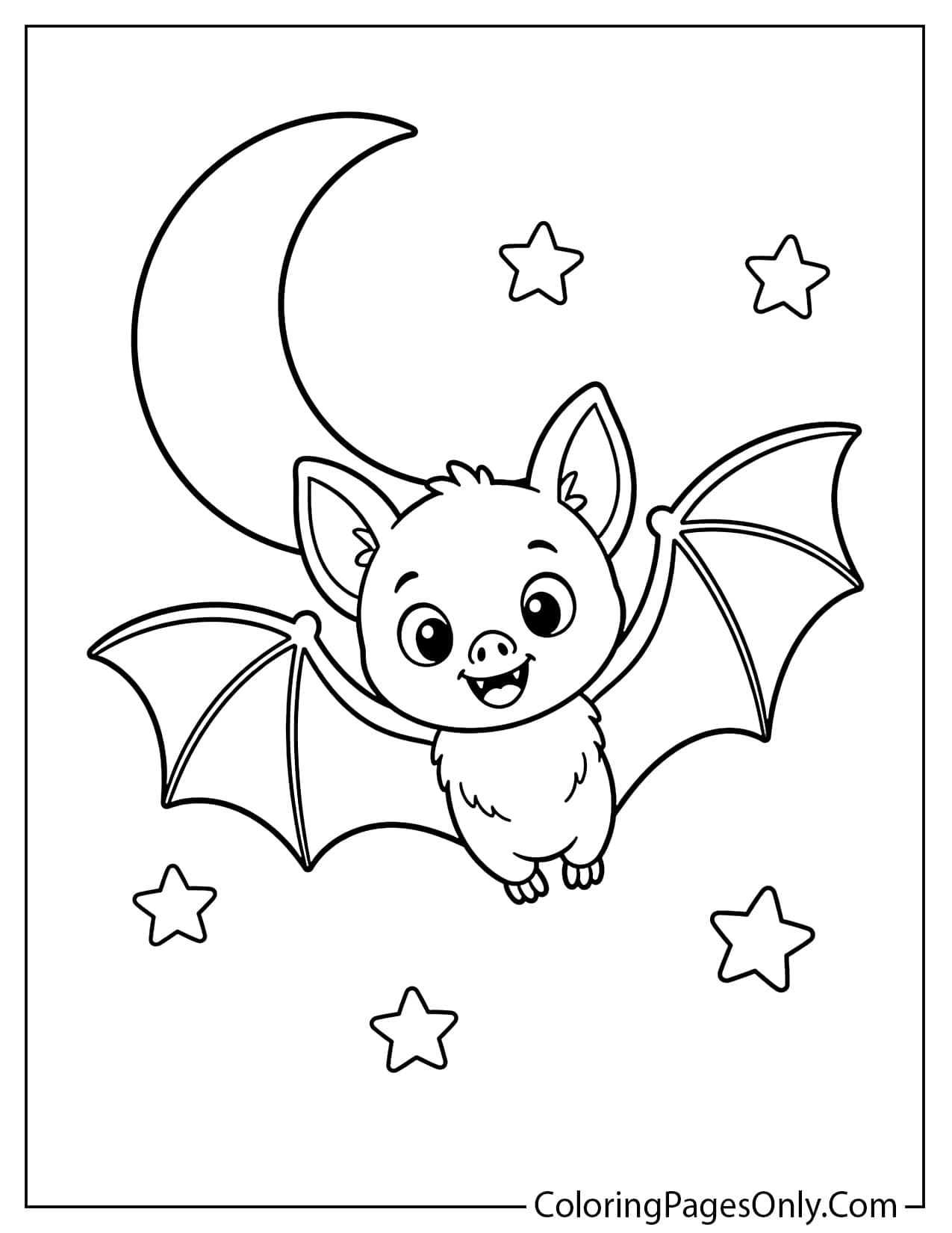 Cute bat flying near the moon Halloween coloring page for kids from Cute Halloween