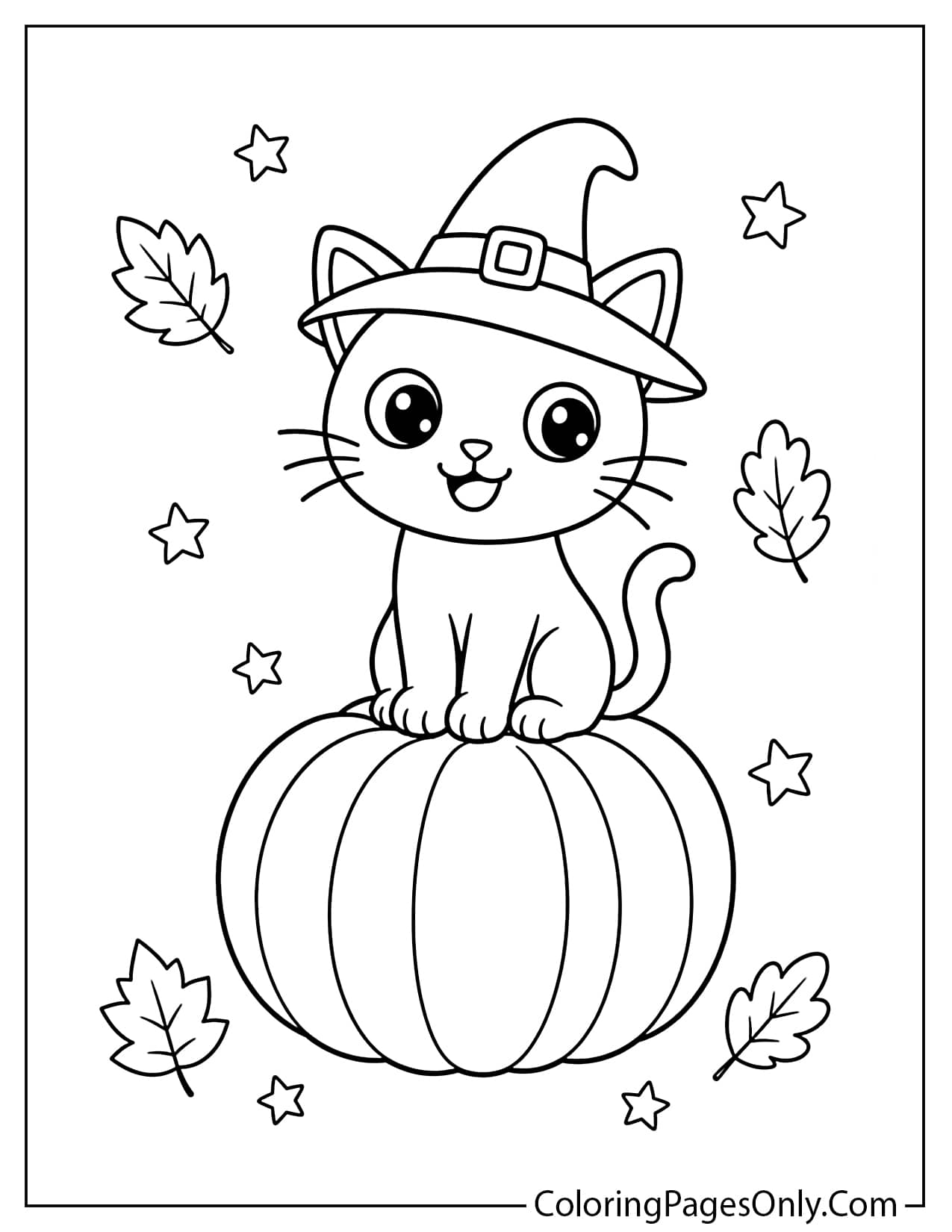 Cute black cat sitting on a Halloween pumpkin coloring page from Cute Halloween