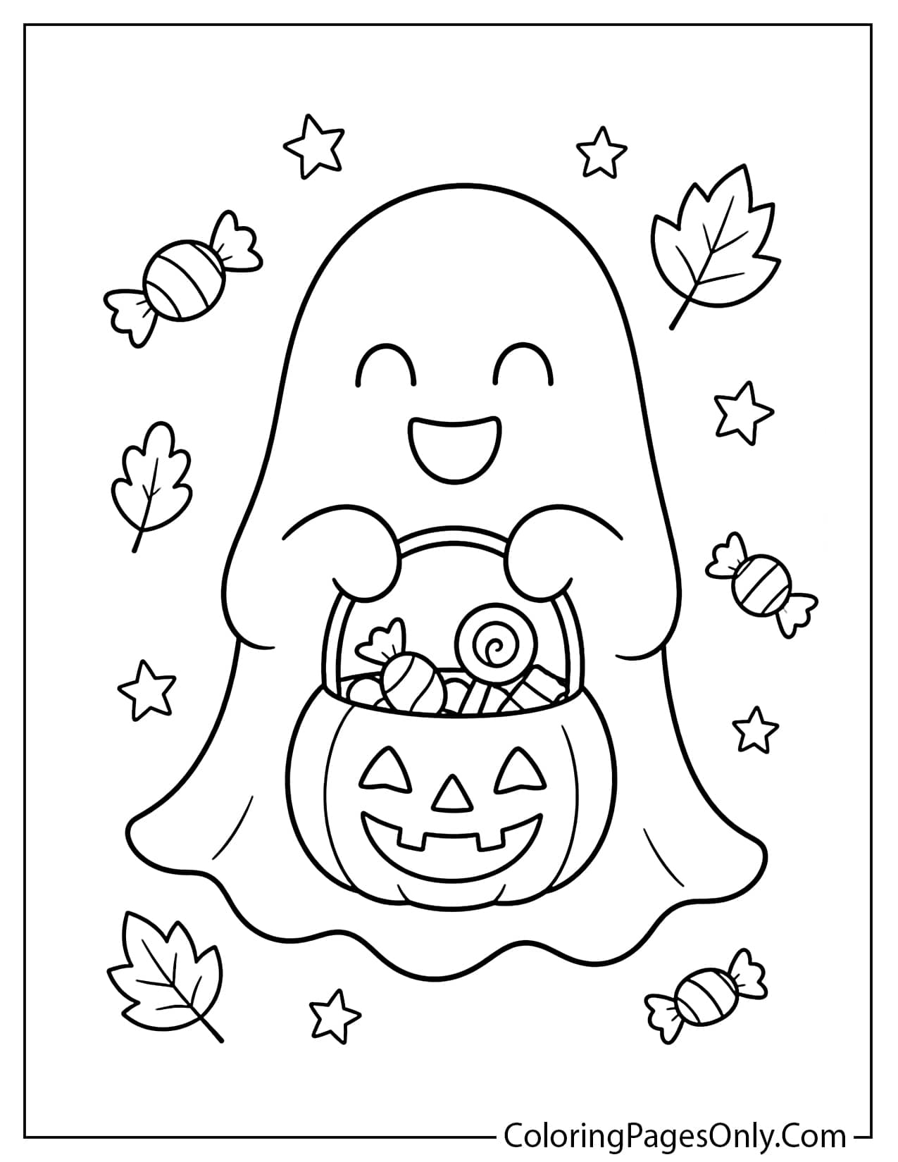 Cute ghost holding a candy bucket for Halloween coloring page from Cute Halloween