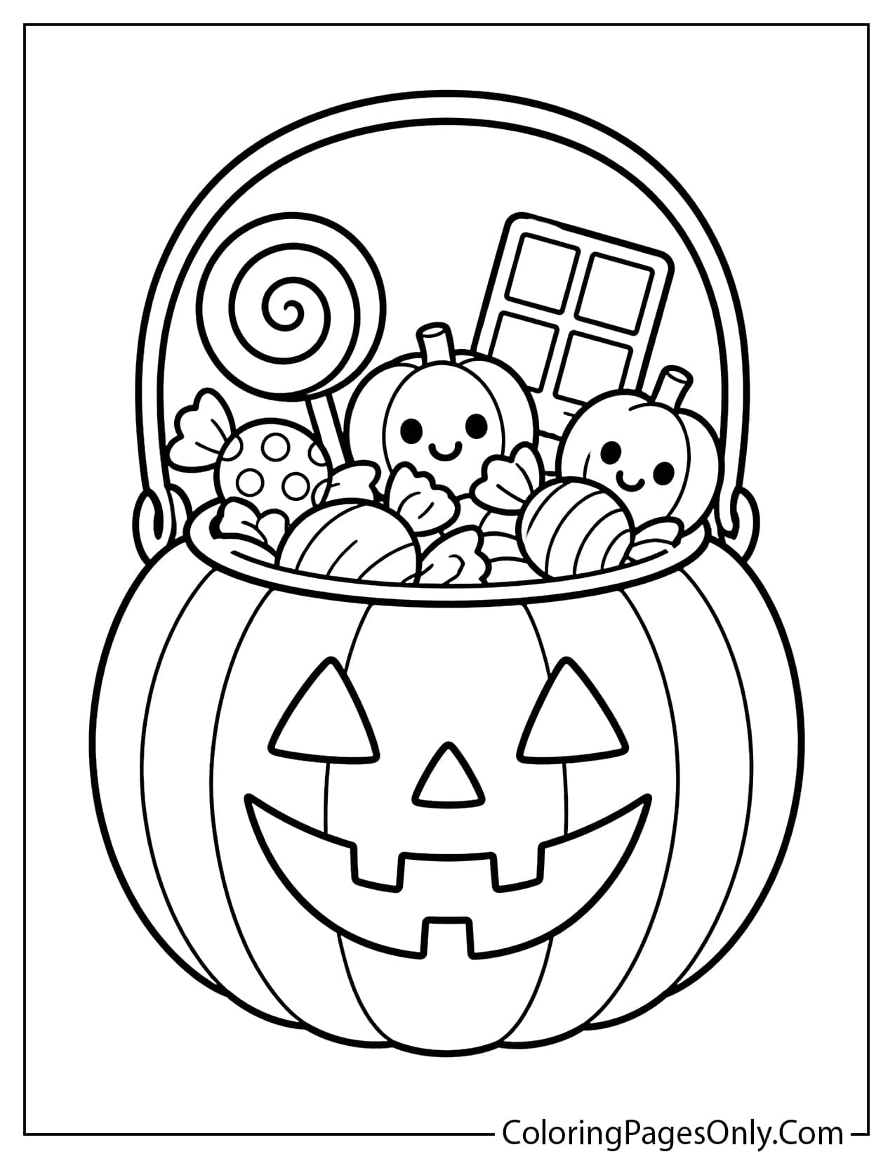 Cute Halloween candy bucket coloring page with candies and pumpkins from Cute Halloween