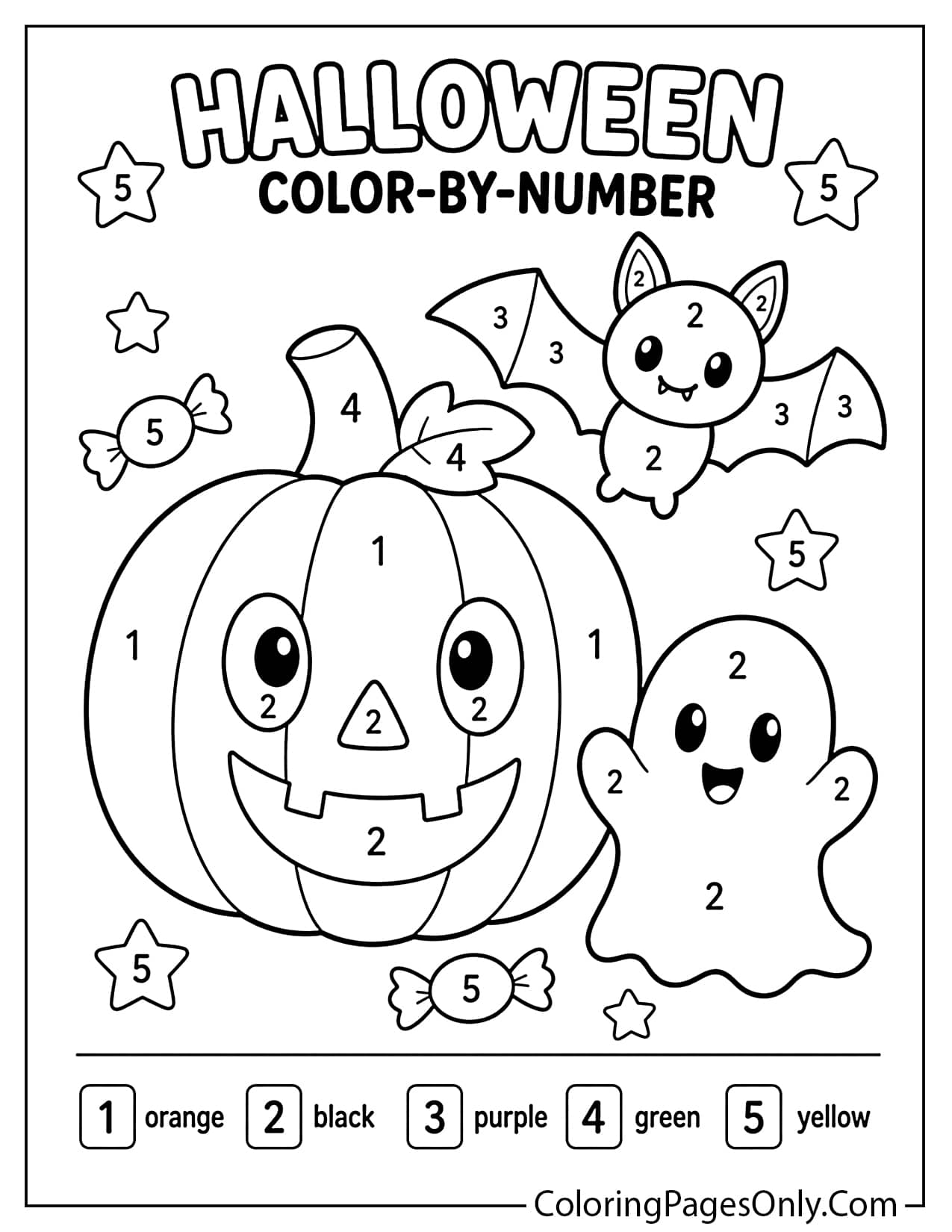 Cute Halloween color by number worksheet with pumpkin, ghost, and numbered sections from Cute Halloween