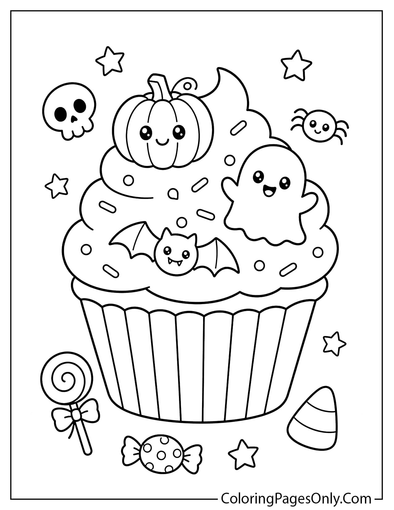 Cute Halloween cupcake coloring page with pumpkin, ghost, and candy decorations from Cute Halloween