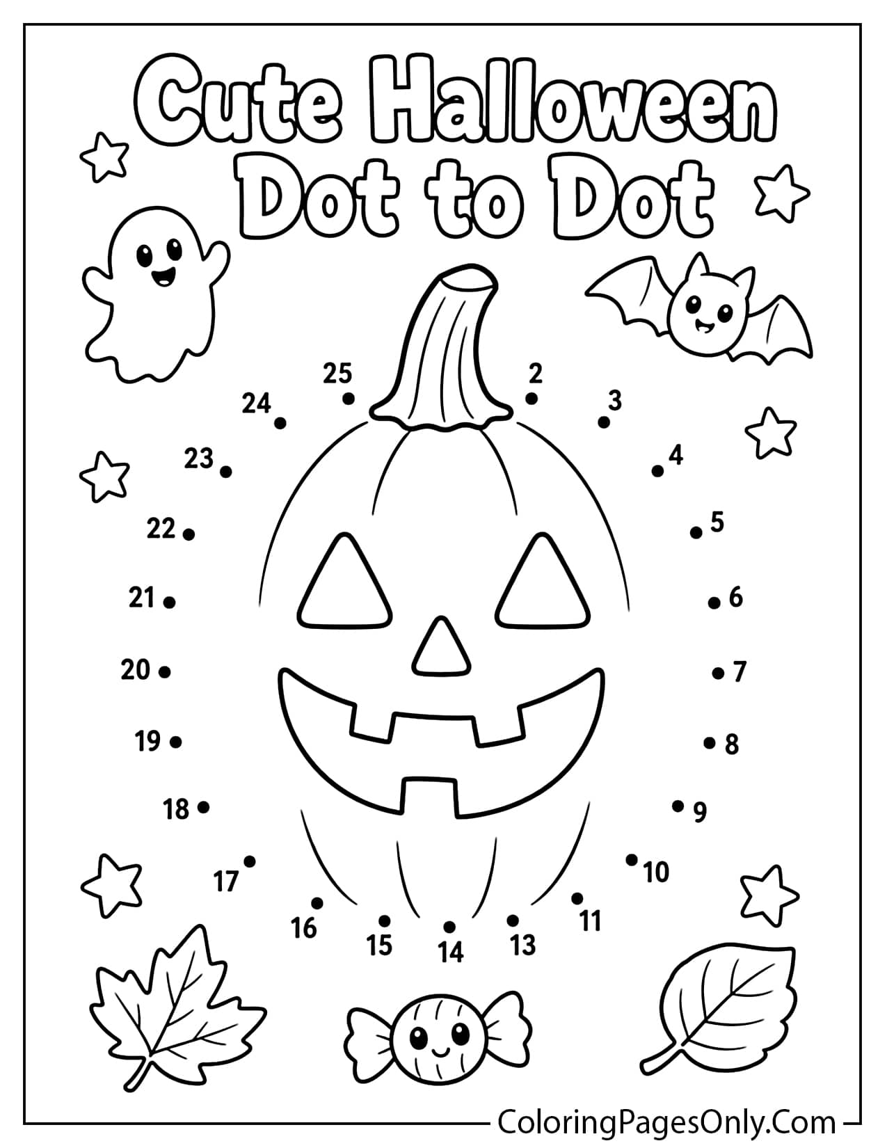 Cute Halloween dot to dot coloring page with a smiling pumpkin for kids from Cute Halloween