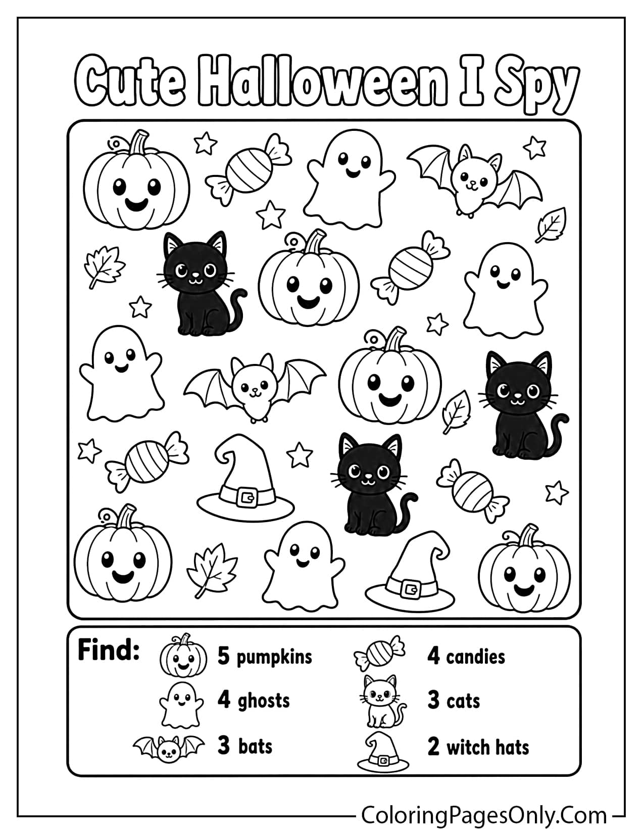 Cute Halloween I Spy coloring page with pumpkins, ghosts, bats, and candies from Cute Halloween