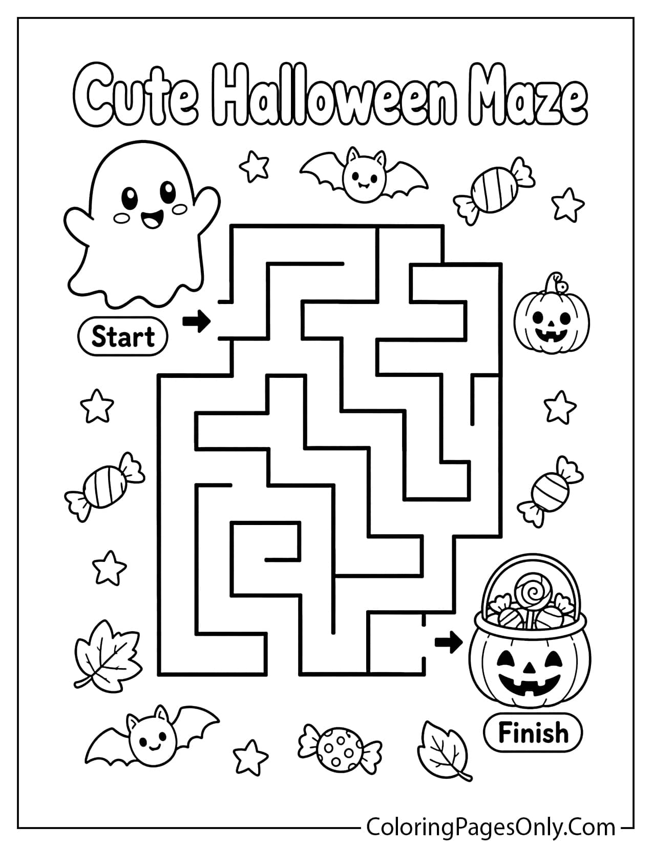 Cute Halloween maze coloring page with a ghost finding candy from Cute Halloween