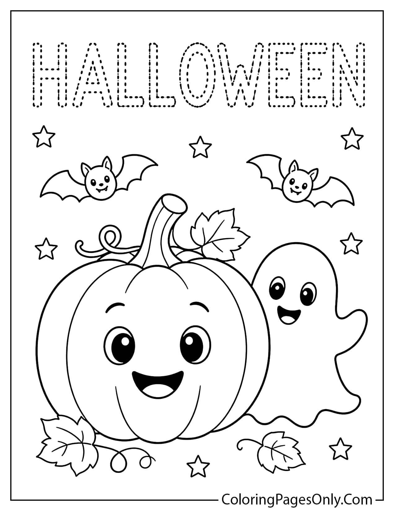 Cute Halloween trace and color worksheet with simple letters and a pumpkin from Cute Halloween