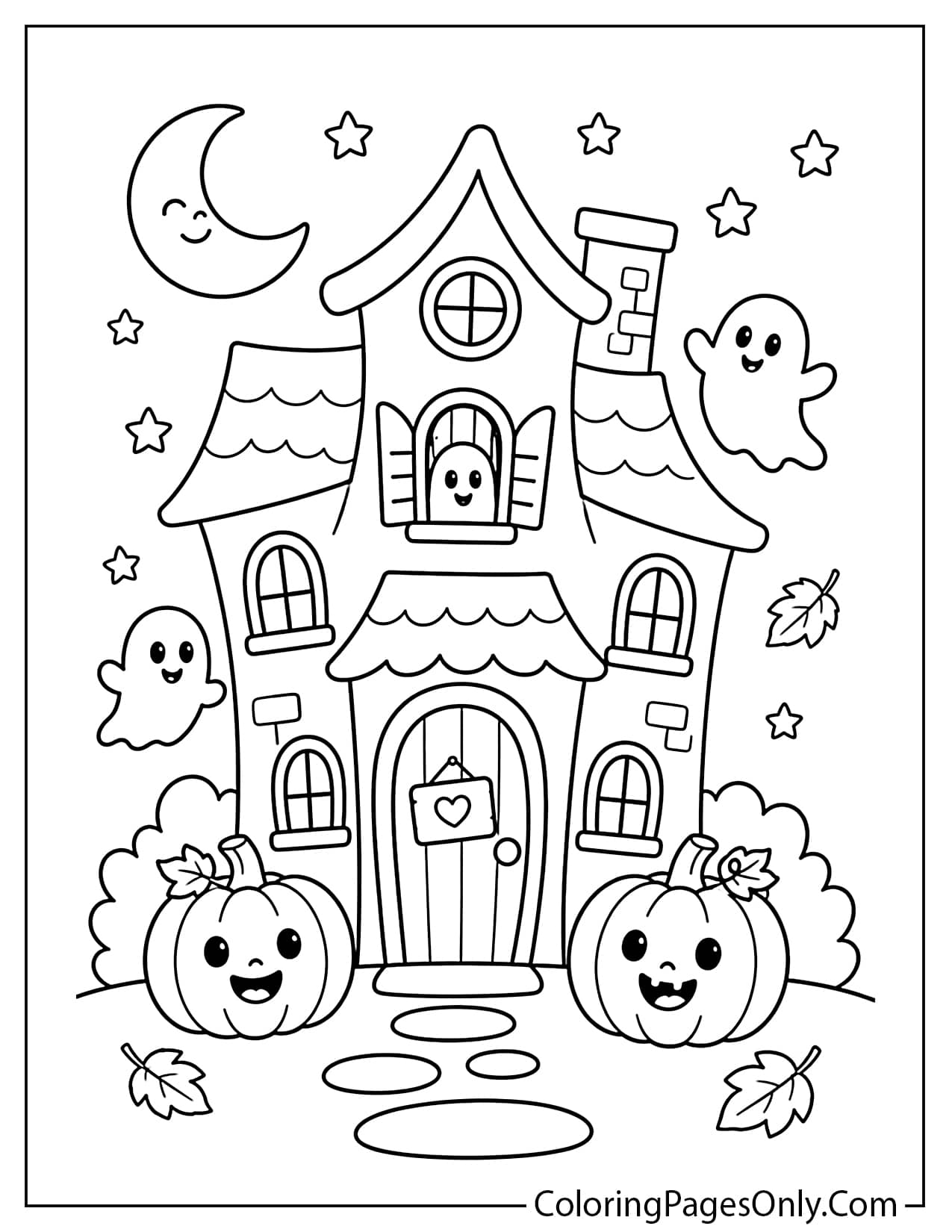 Cute haunted house Halloween coloring page with friendly ghosts and pumpkins from Cute Halloween