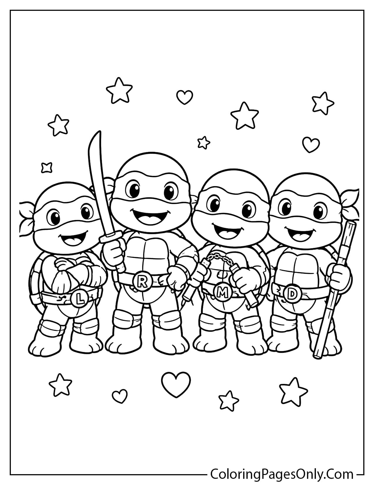 Cute Ninja Turtles coloring page with four happy turtle heroes in simple cartoon poses from Ninja Turtles