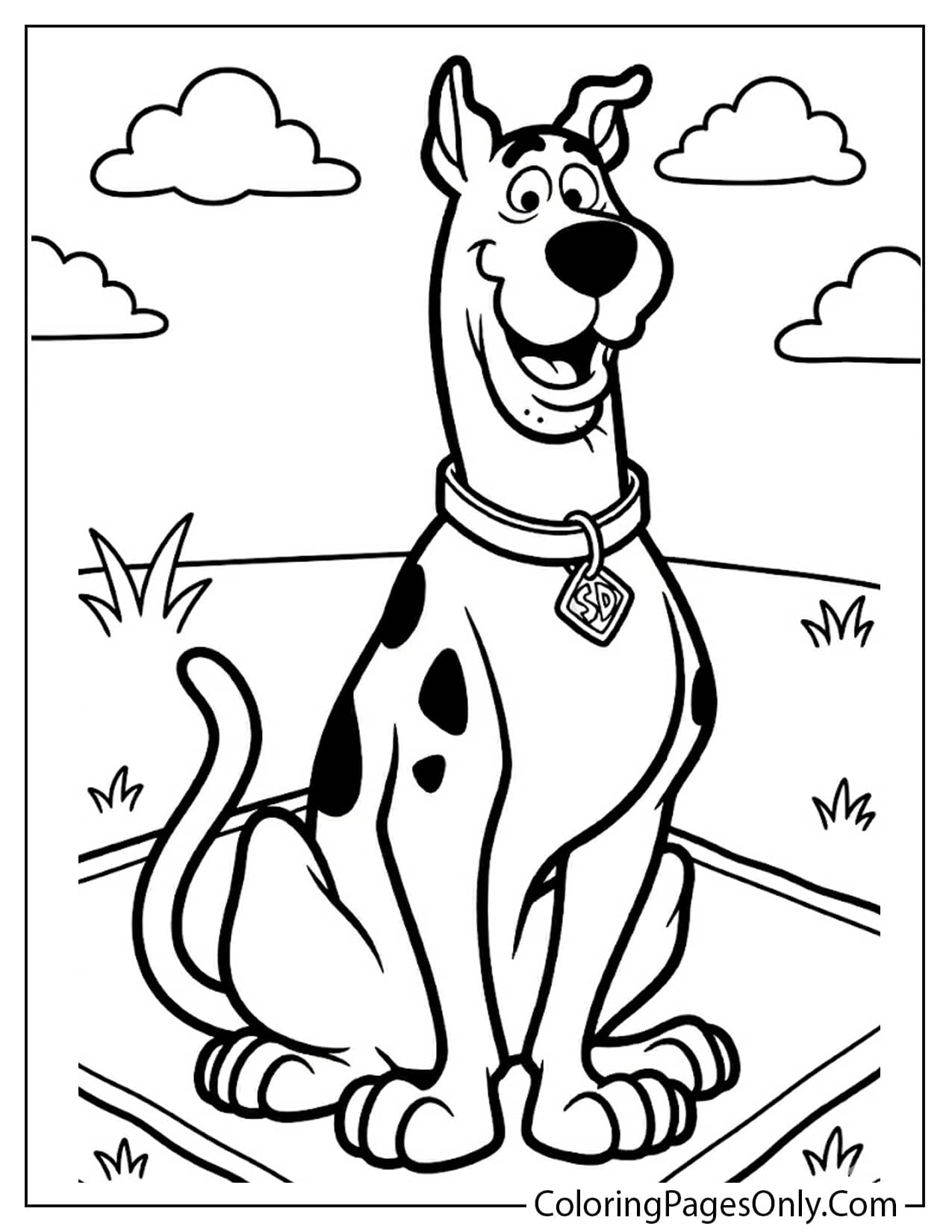 Cute Scooby-Doo sitting and smiling coloring page for kids from Scooby Doo