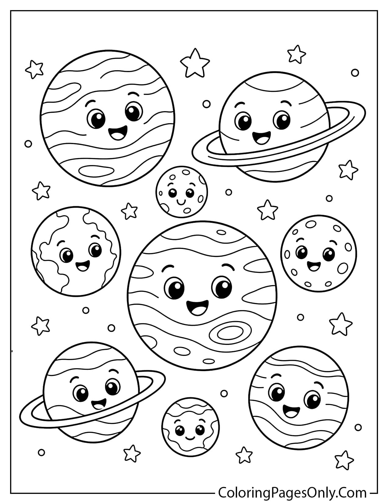 Cute Smiling Planets Coloring Page For Kids from Planet