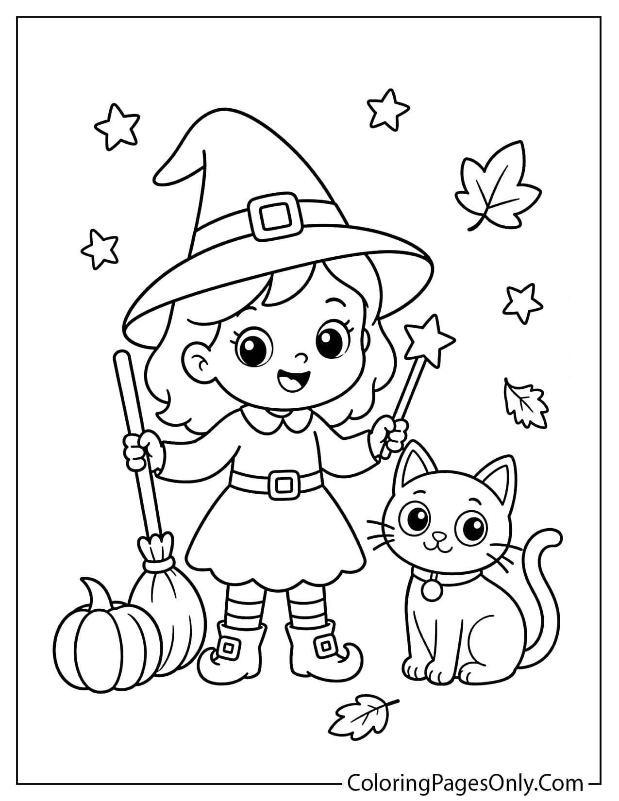Cute witch and black cat Halloween coloring page for kids from Cute Halloween
