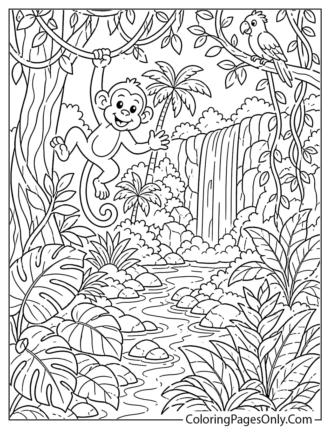 Detailed Jungle Scene Coloring Page For Older Kids from Jungle