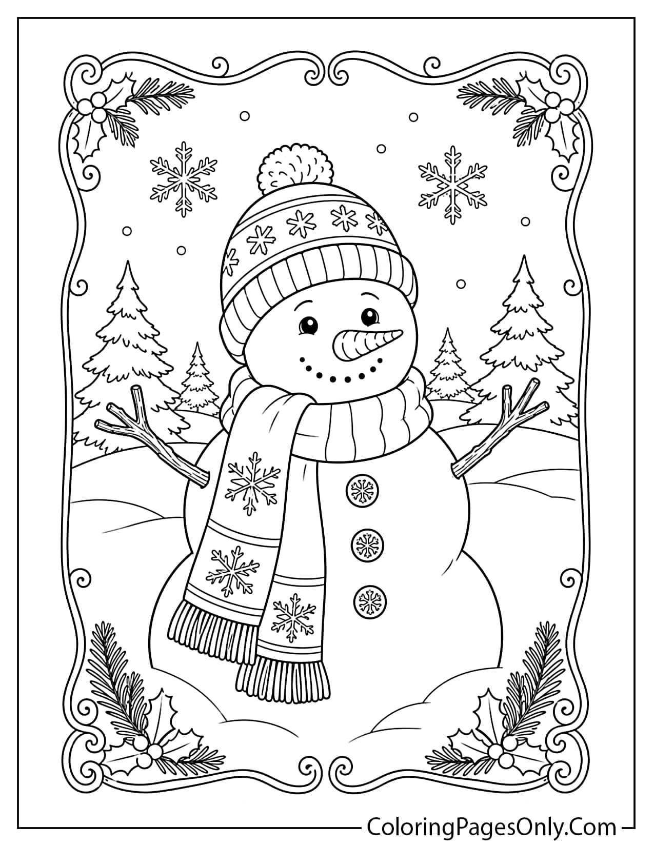 Detailed Snowman Coloring Page For Adults With Snowflakes And Winter Border from Snowman