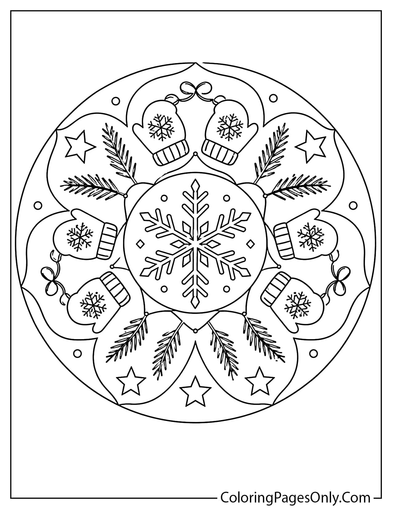 Detailed Winter Mandala With Snowflakes, Pine Leaves, Stars, Mittens, And Winter Patterns Coloring Page For Adults from Winter