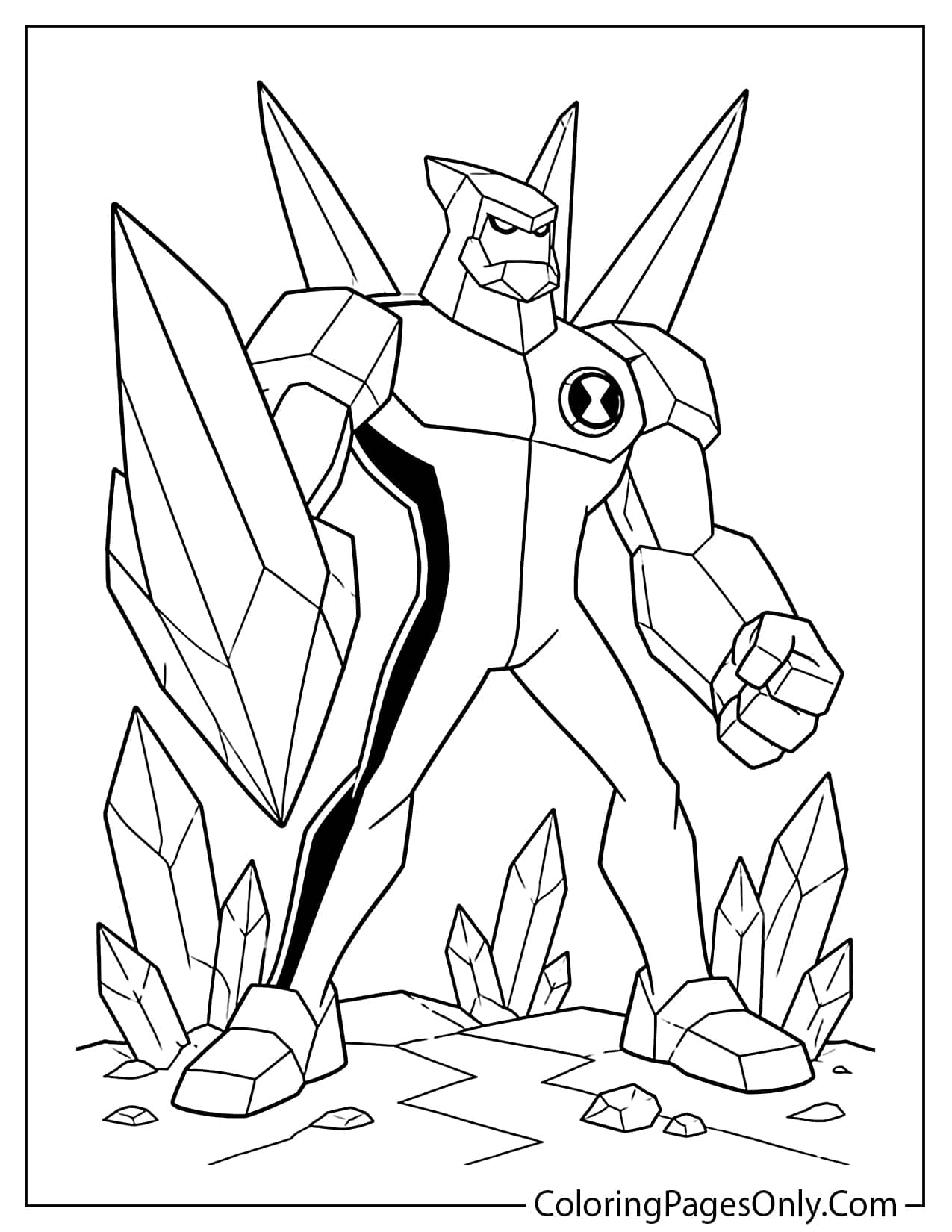 Diamondhead Ben 10 coloring page with crystal body details and a heroic alien pose from Ben 10