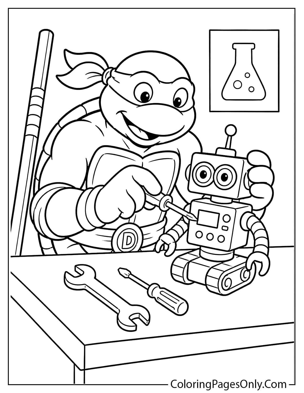 Donatello inventing a gadget coloring page with tools, a small robot, and a workbench from Ninja Turtles