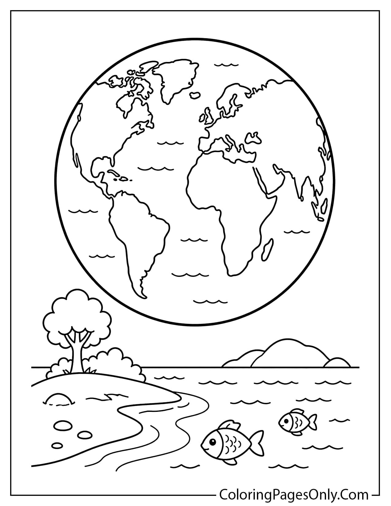 Earth With Oceans And Continents Coloring Page For Kids from Earth