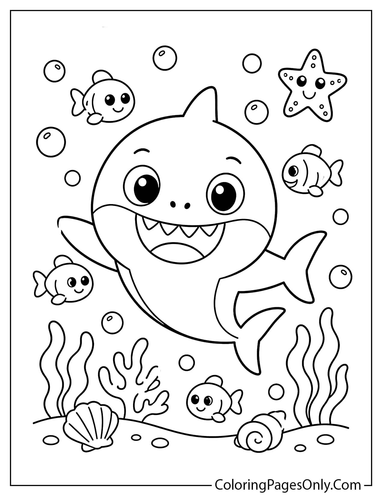 Easy Baby Shark coloring page for toddlers with a smiling shark and simple bubbles from Baby Shark
